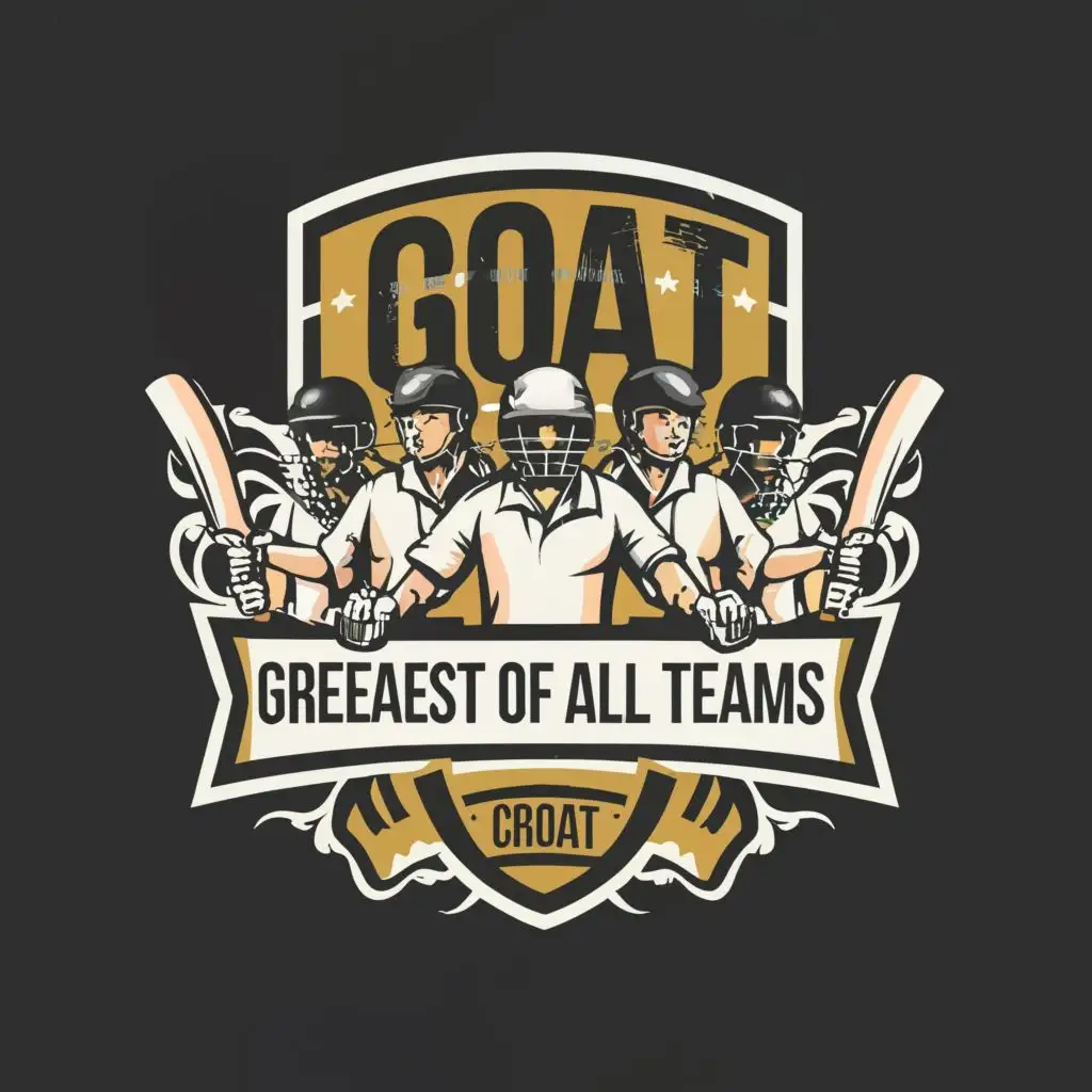 logo, Cricket,5 CRICKETERS WITH BAT, with the text "Goat" "GREATEST OF ALL TEAMS", typography