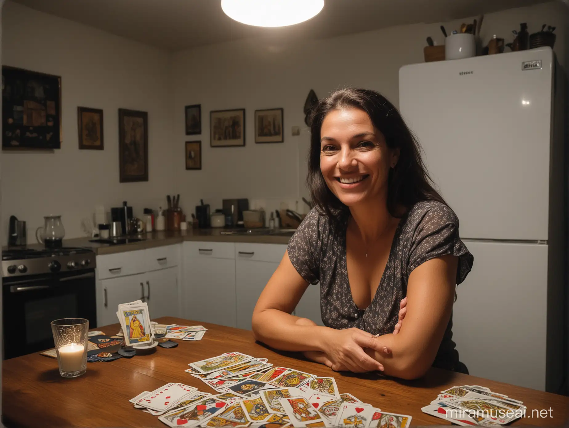phone photo of simple middle-aged Brazilian woman smiling at the camera and playing tarot cards, clean simple kitchen, night, flash light, fisheye lens, posted to reddit in 2019, --style raw --s 0 --ar 9:16
