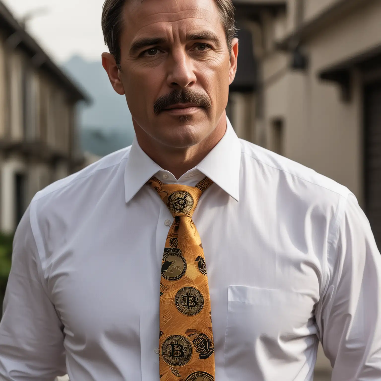 A private investigator named "Bitcoin P.I.," like the characters James Bond 007 and Magnum P.I., also show a subtle display of the digital Blockchain pattern on his tie