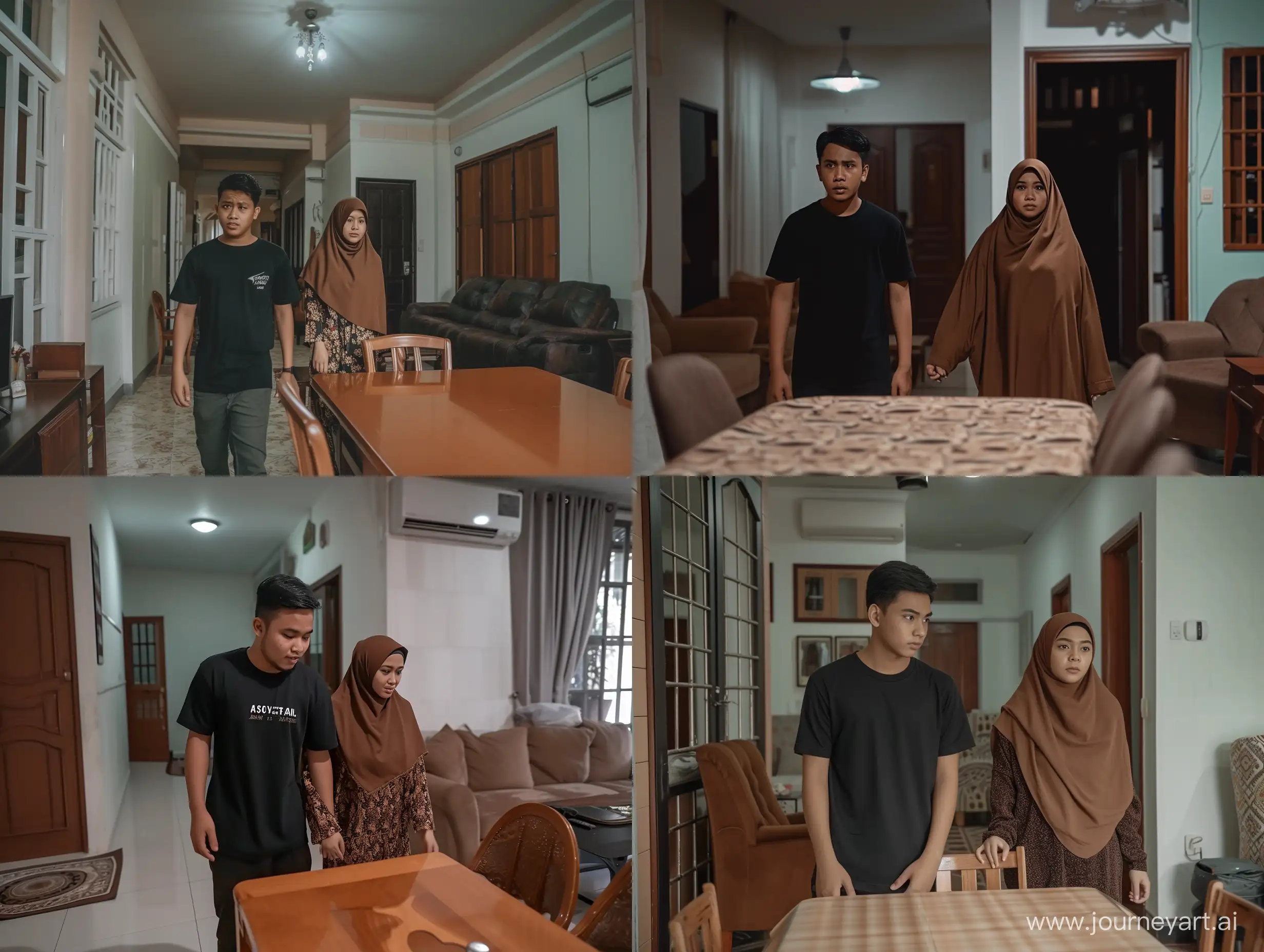 A 30 year old young man wearing a black t-shirt and a 29 year old Indonesian woman wearing a brown hijab enter a simple house, with a dining table in the foreground. This room is equipped with chairs and sofas.,  Front view,  horror movie scene