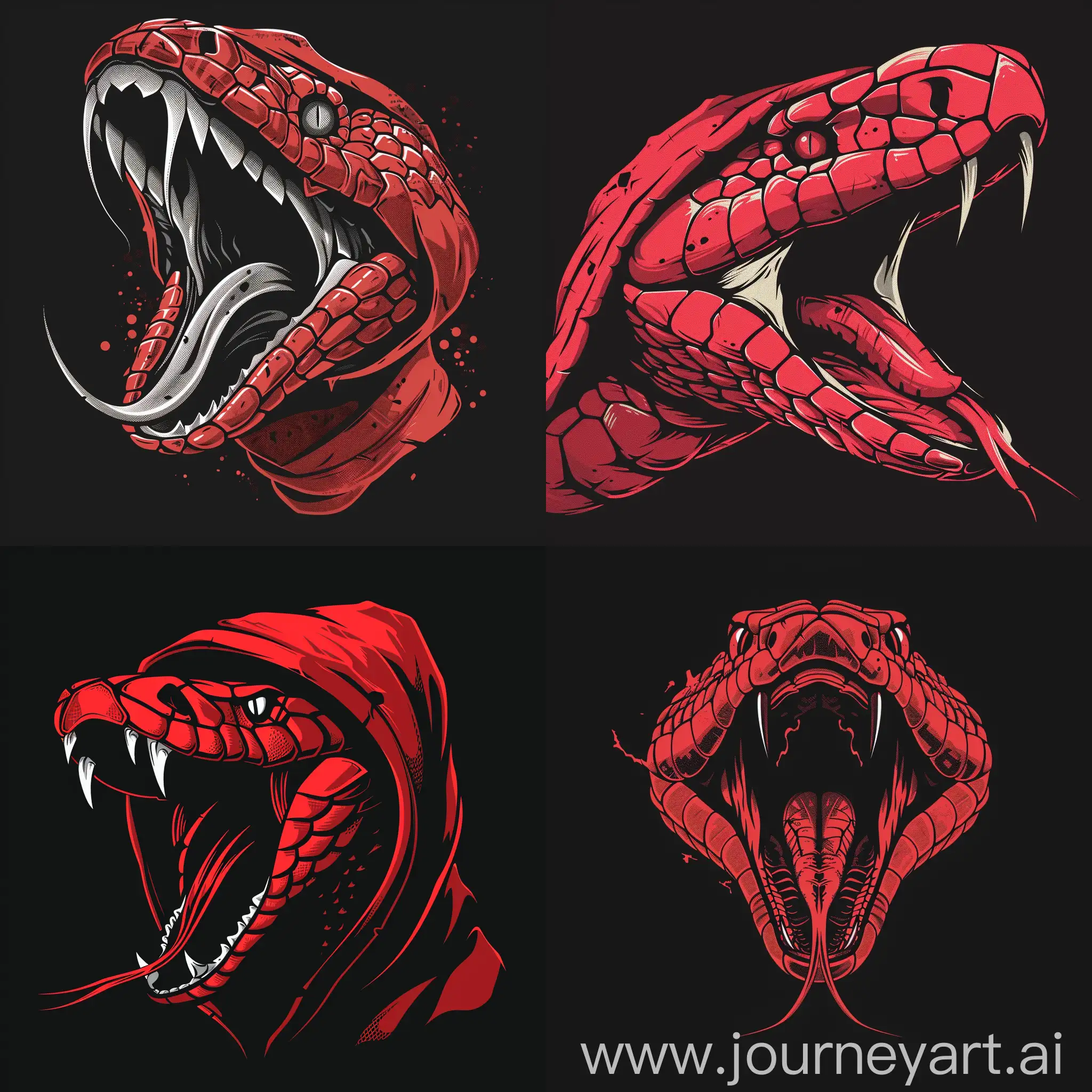 Cobra head, cobra skull, open mouth, open hood, brutality, angular design, minimalistic design, 2D, vector graphics, red color, black background
