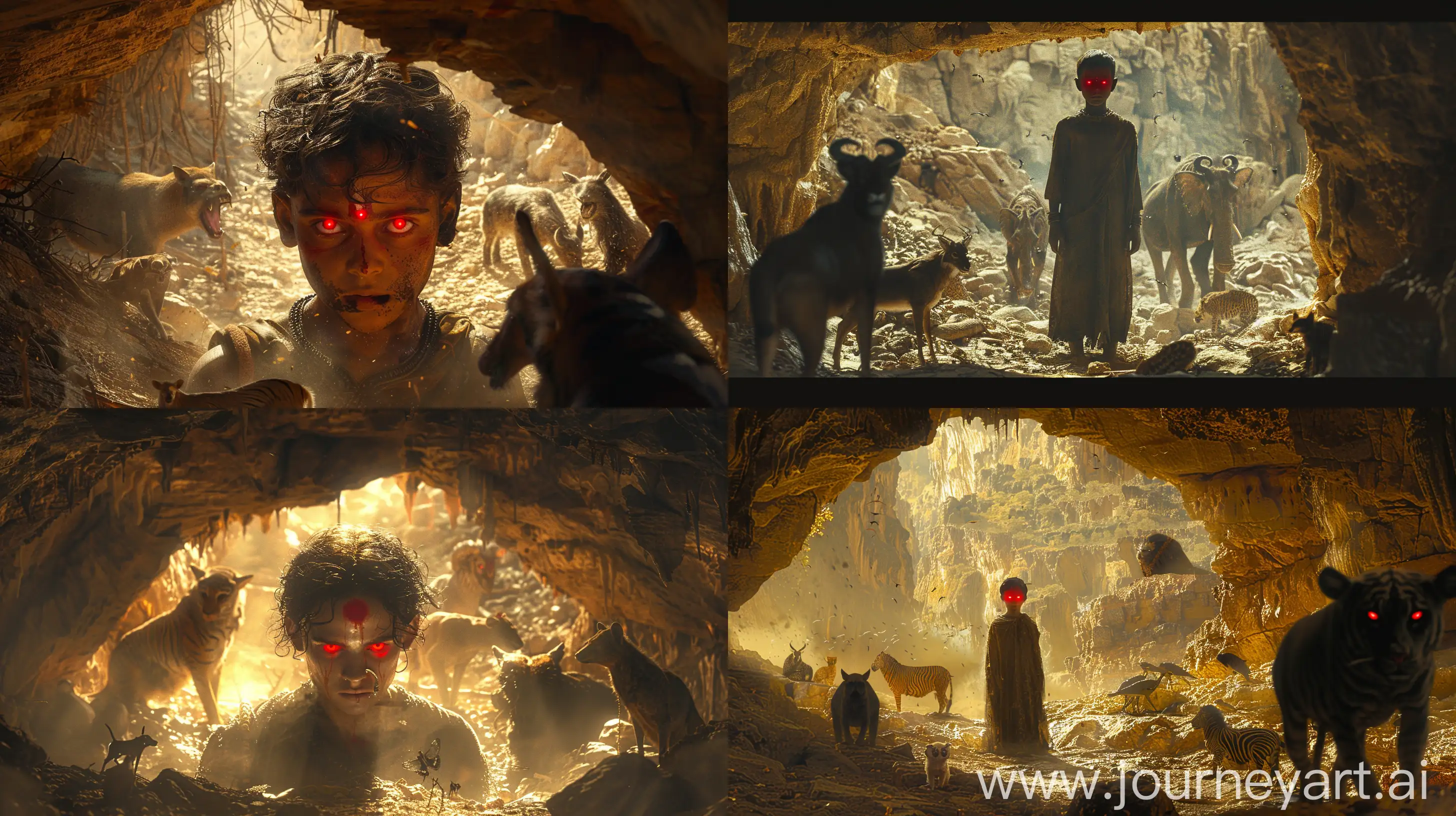 Cinematic, eerie image of a young antagonistic man from Ancient Indian history, situated in a gloom-ridden cave; his red eyes, standing facing the camera, meticulously-detailed, gleaming ominously in sparse, dim lighting. Wildlife cohabits the cave around him, creating an ominous ambience. Wishing for intricate detailing in high-resolution --s 400 --ar 16:9 --v 6