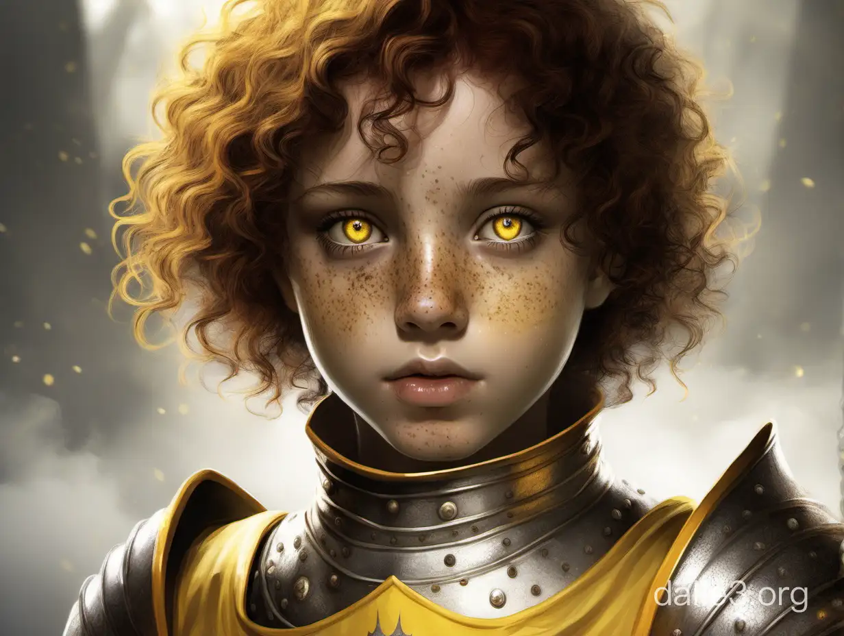 Девушка, рыцарь, жёлтые глаза, короткие кудрявые волосы коричневого цвета с переходом в желтый, веснушки на щеках, суровая