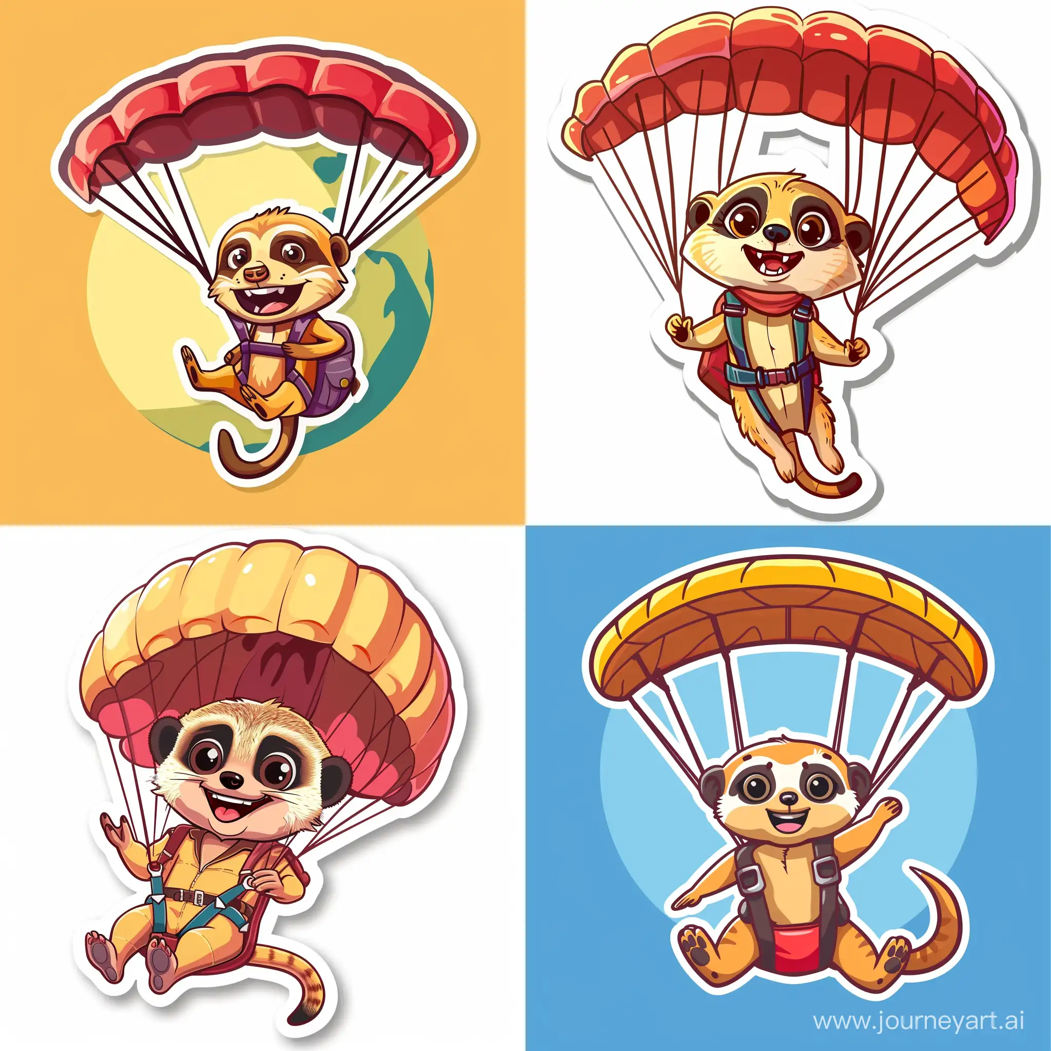 sticker design of cute cartoon meerkat parachuting, wearing parachutist clothes, grinning, in cartoon style, high quality details --v 6 --ar 1:1 --no 73962
