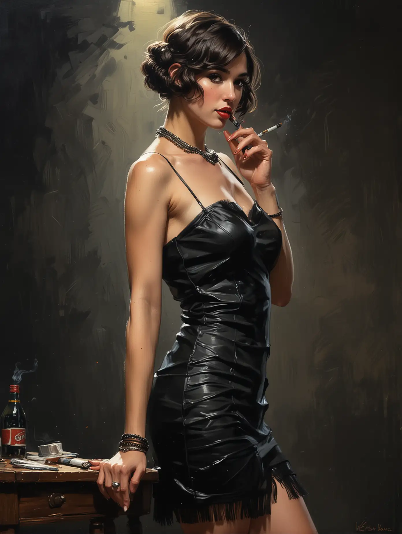 Hyperrealistic Painting of 1926 Flapper Girl Smoking in the Night