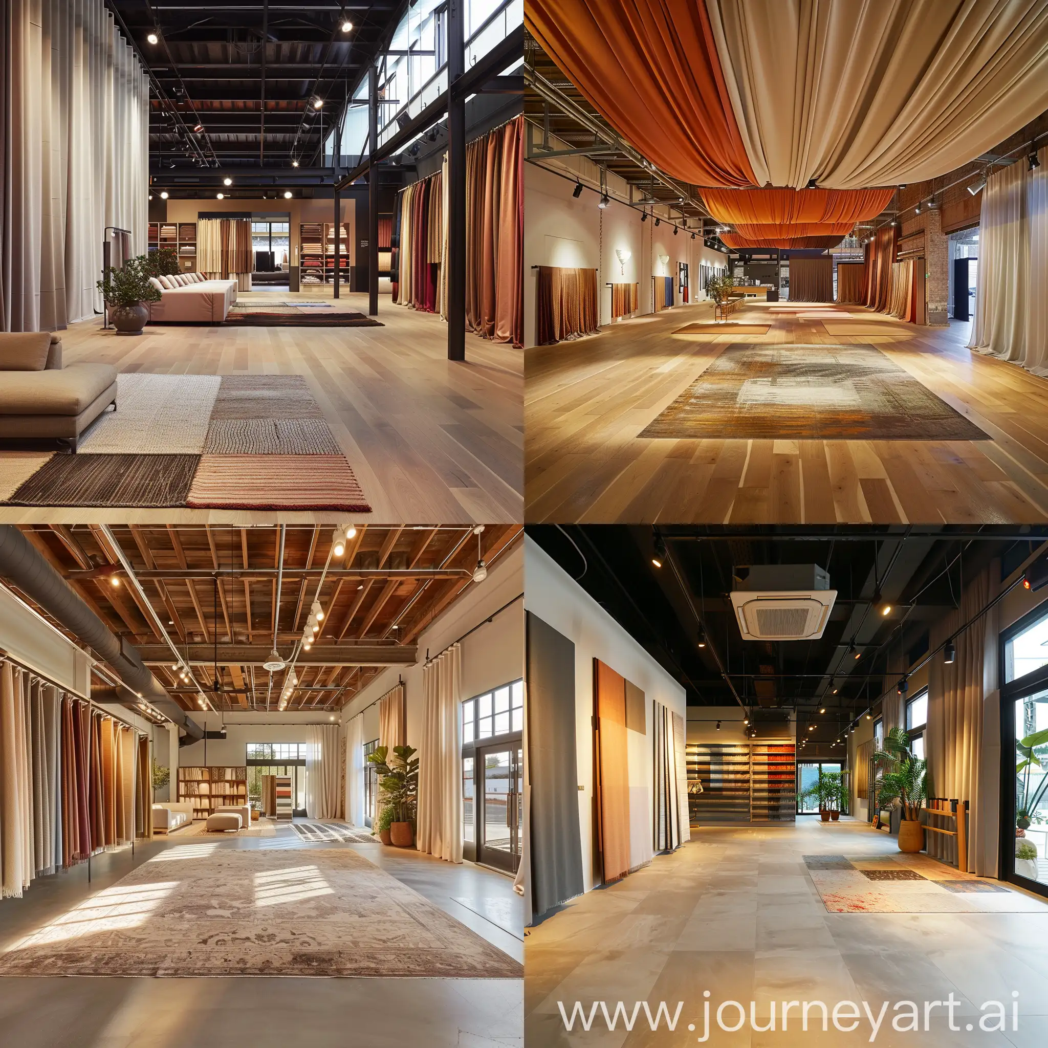 fabric showroom, warm colour palette, large space, amience