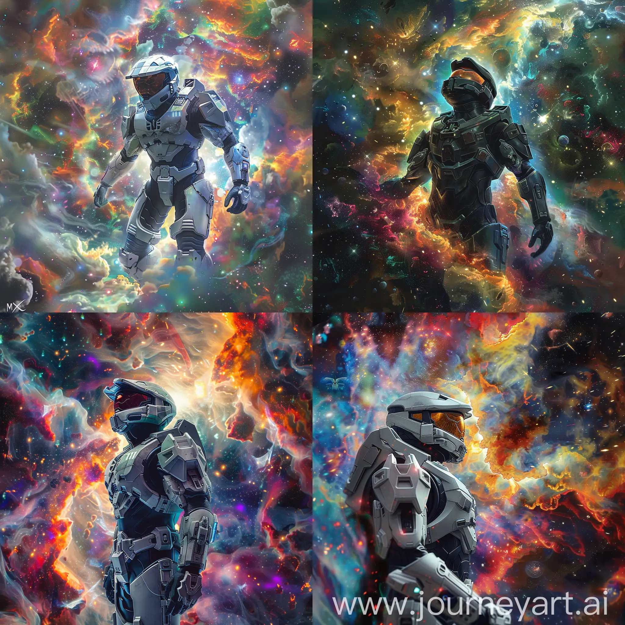 Midjourney Art Example-A creatively reimagined Halo in Space-X gear, exploring an abstract universe filled with vibrant, nebulous formations, exuding a sense of joy