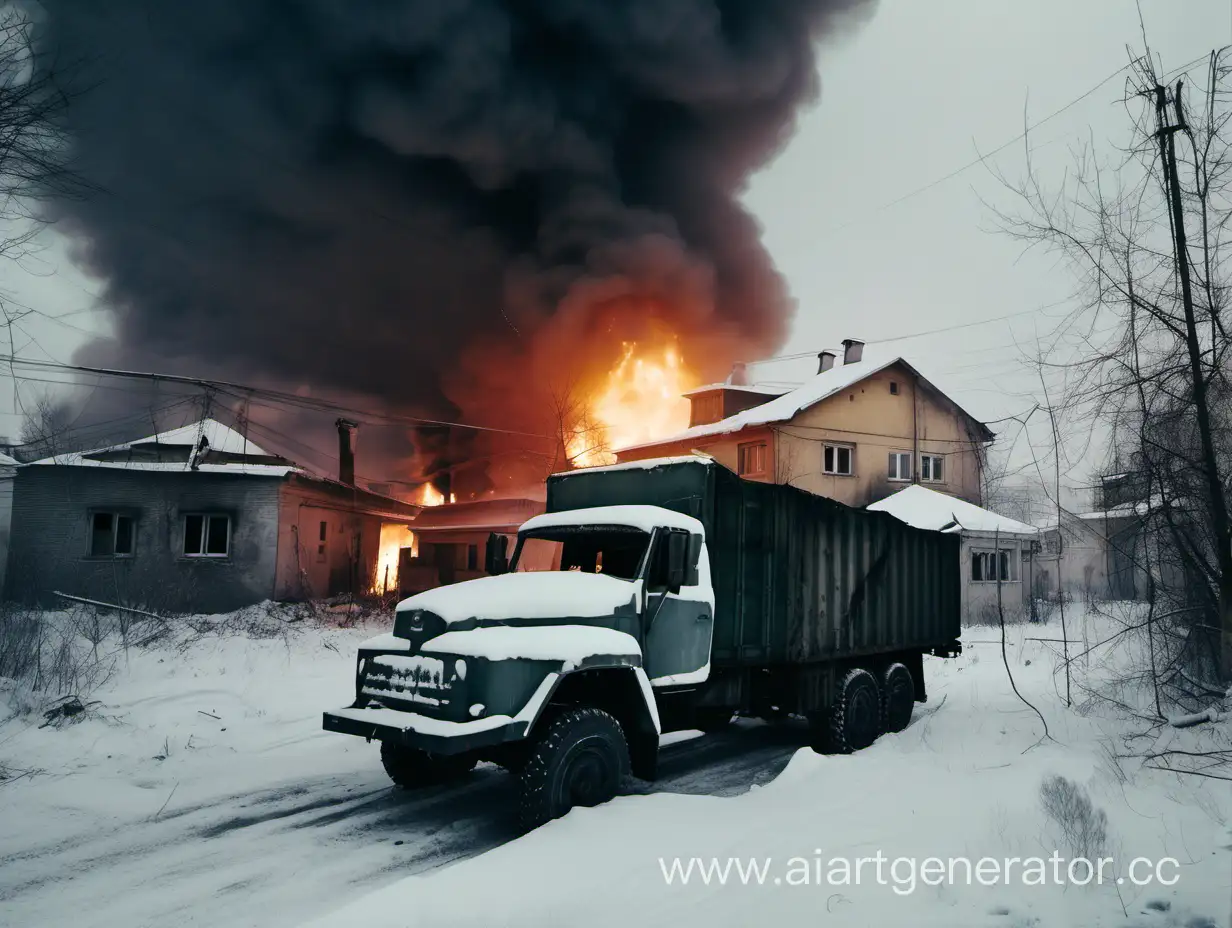 апокалипсис ядерная зима темные блеклые тона снег зима, русский город москва окраины  невысокие русские дома, грузовик находится в огне взорванный урал подбитая фура