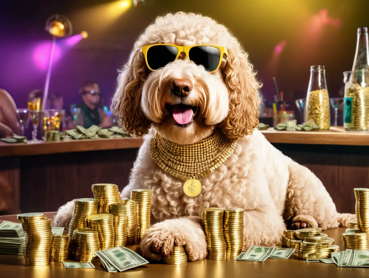 Adorable Labradoodle with Gold Coin Necklace Surrounded by Stacks of Money in a Stylish Club