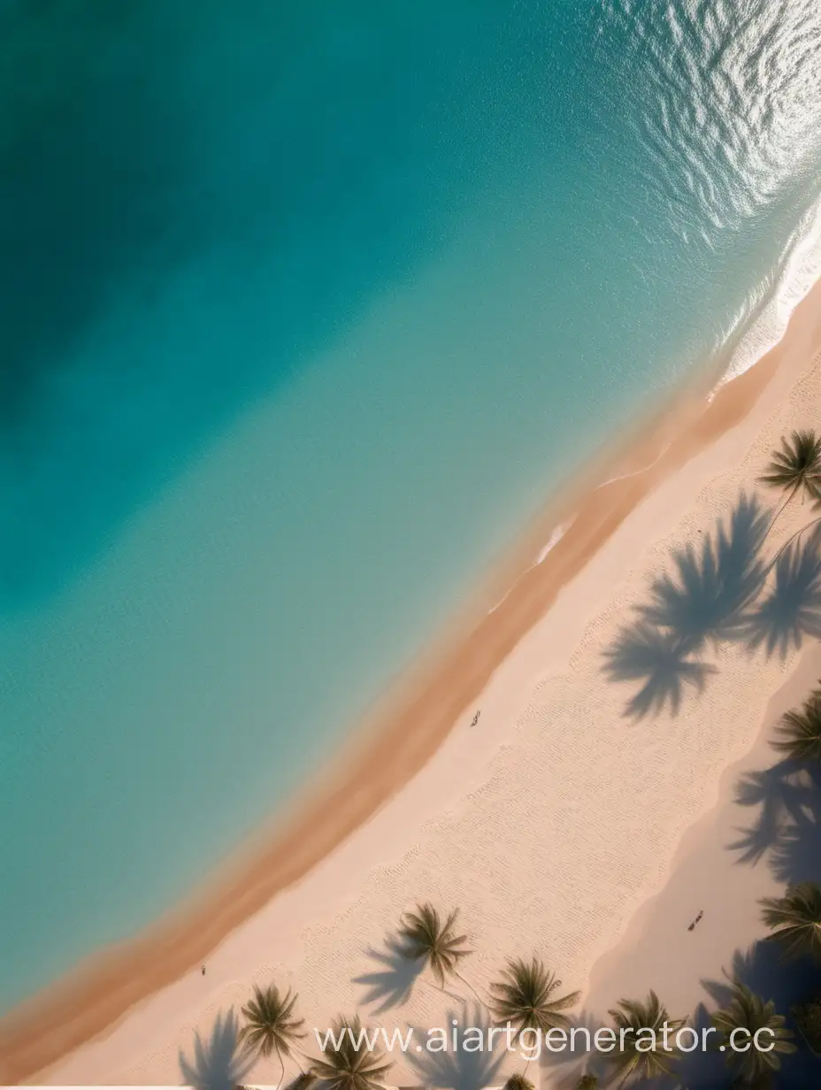 Сине-бирюзовой водой, загорелого песка, по бокам раскинулись пальмовые листья . Фото с высоты. картинка заблюрена