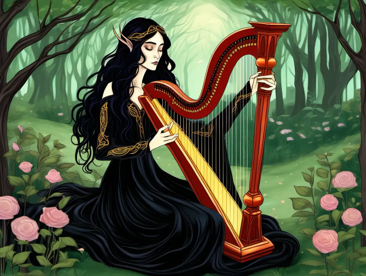 Elven woman with long, wavy black hair, dressed in a black dress with long sleeves, playing harp sadly in a garden.