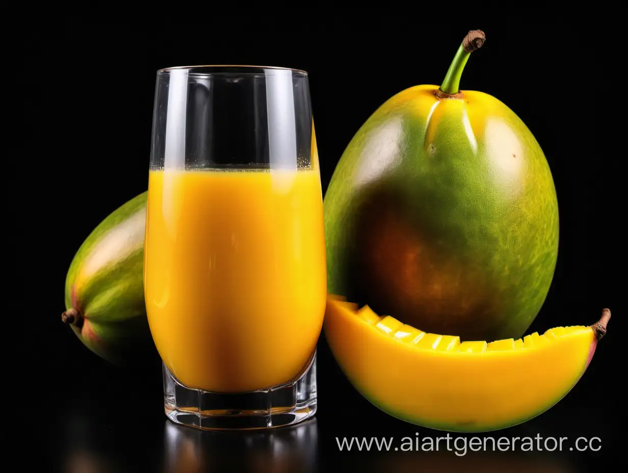 big yellow Mango with glass juice on black background