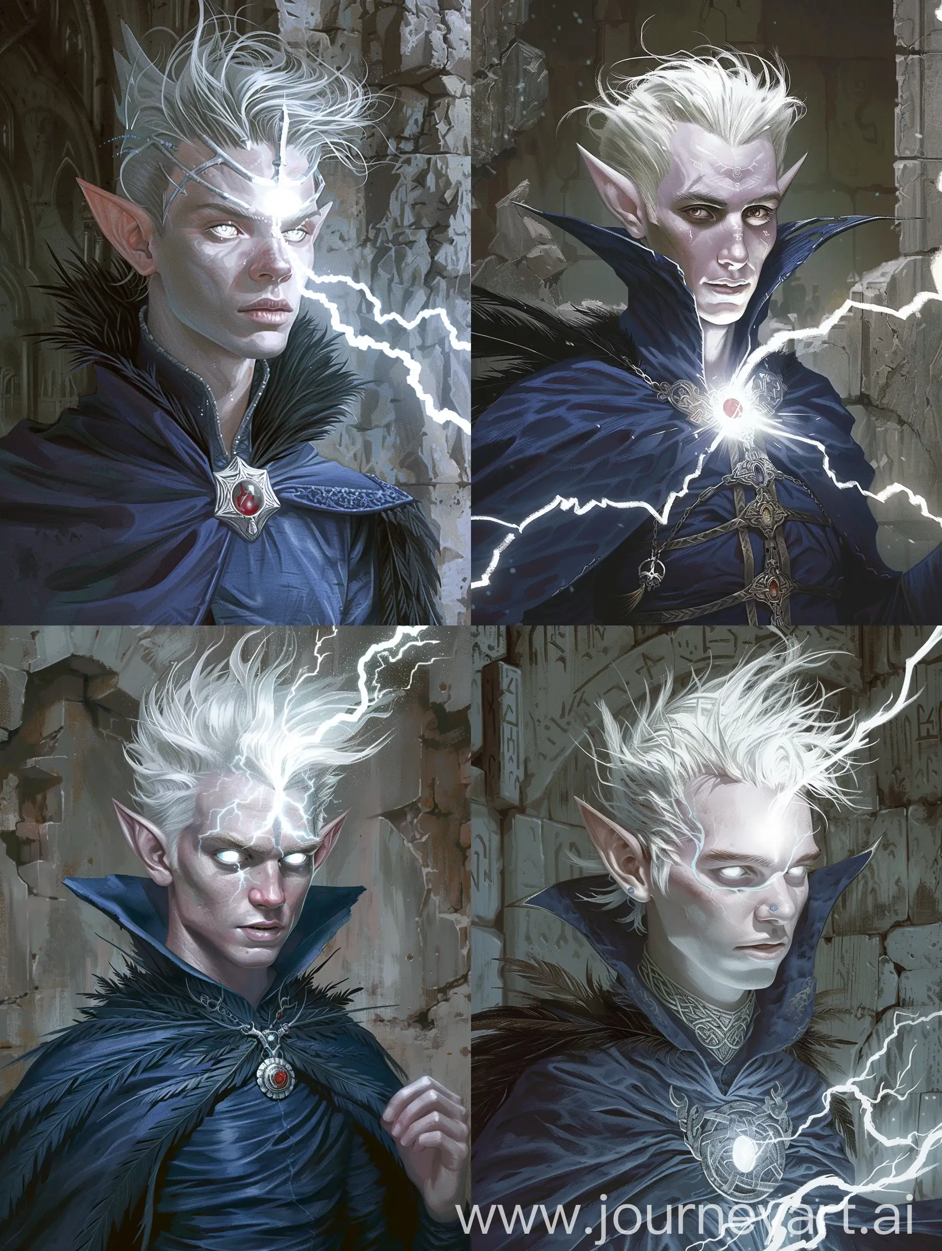baldur's gate 1 character portrait, ((appearance: young human male, white skin color, oval shaped face with a broad forehead, curved protruding jawline, oval eye shape, chameleon eye color, character's eye's are glowing with transparent white light leaving a trail in the air, angled thin brows, button nose with an upturned wide point and straight wide in the middle nasal bridge, short in the length bow shaped lips, long wavy light-brown hair going over character's shoulders, bushy slightly curved mustache with a stubble, silver minimalistic crown sits on character's head compressing his hair down)) ((apparel: character wears an indigo colored silk cloak with a high collar with it's shoulder's covered by black feathers, the cloak has overhead shoulders making character's profile seem a little more square, ponderous silver amulet with a shining crimson gem in it worn over the collar)) ((pose: only upper half of the body is in the frame, character is slightly turned away, character with his both hands conjures a spell that took a form of bright shining sphere of white lighting that highlights surroundings and the character's features, character manically oversees his spell)) ((background: background is made of an ancient ruin walls that has no source of lightning except character's spell)) ((no elf, elf ears, pale skin, white hair, short hair, silver hair, grey hair, gray hair, clean shaven, no facial hair, lightning, flowing hair))