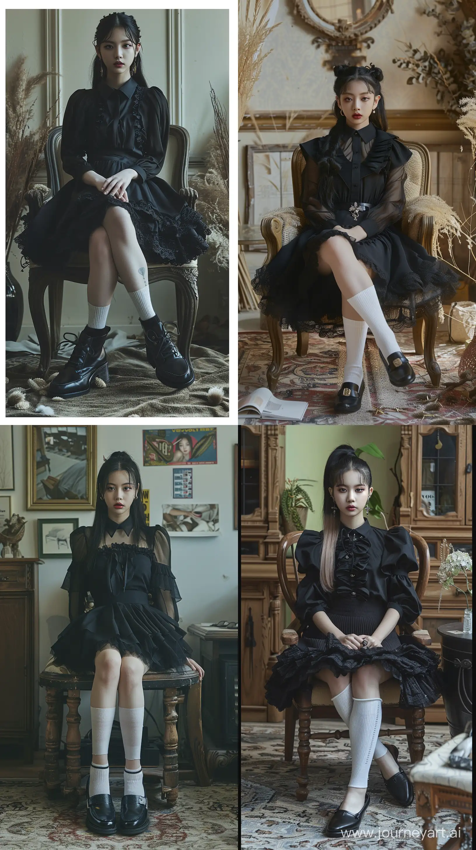 High resolution fashion photo of jennie blackpink's full body shot, wearing black skirt and black blouse with black loafer shoes and white sock sit on chair,nature studio set,vogue megazine,pigtail black hair, in the style of jennie, mysterious nocturnal scenes, album covers, flickr --ar 9:16 --style raw --stylize 250 --v 6
