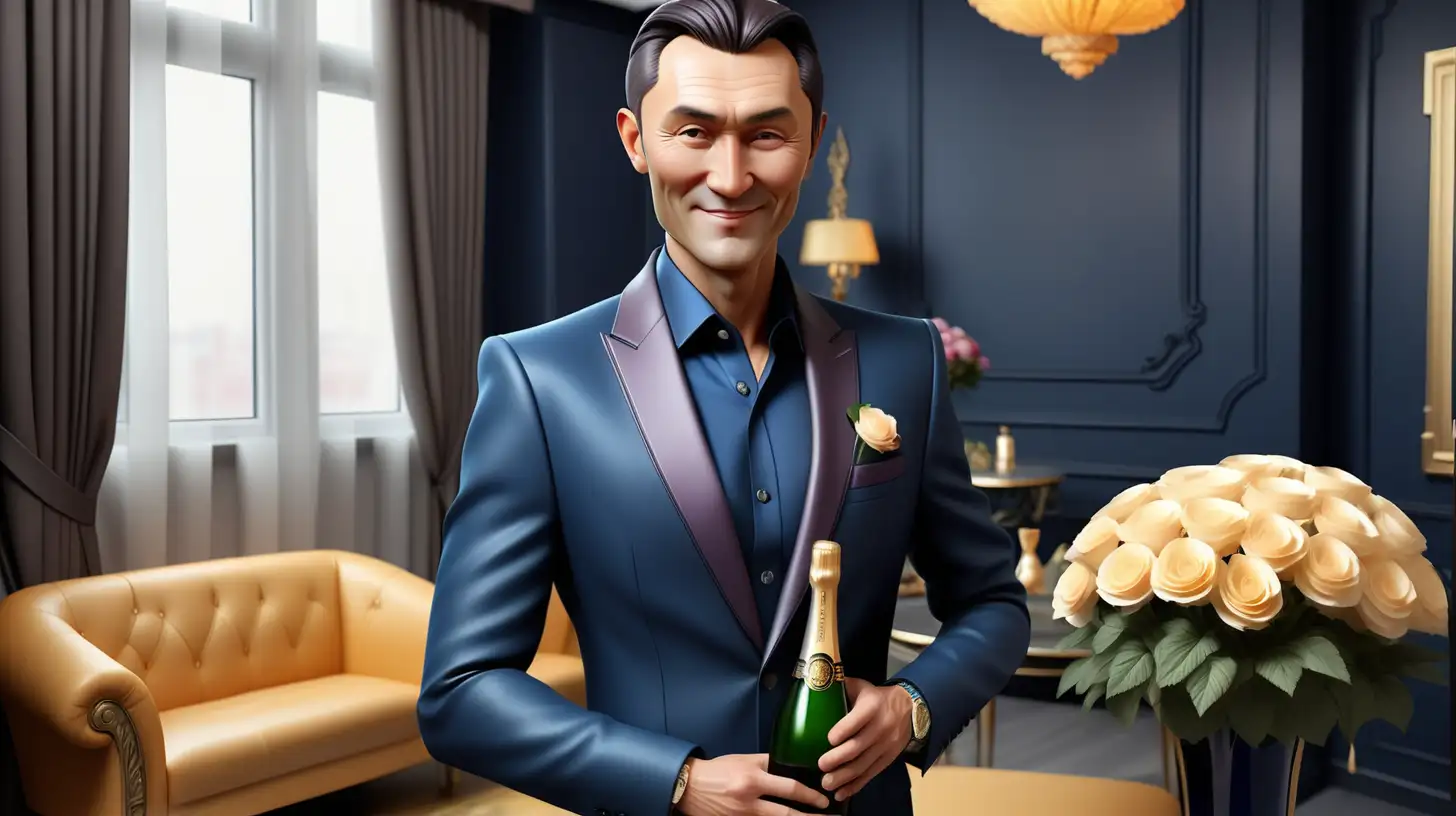 Charming Kazakh Gentleman Surprises with Flowers and Champagne
