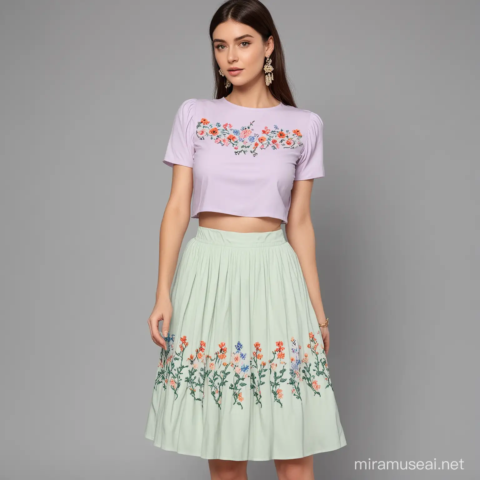 PastelColored Floral Embroidered Womens Skirt and Top Ensemble