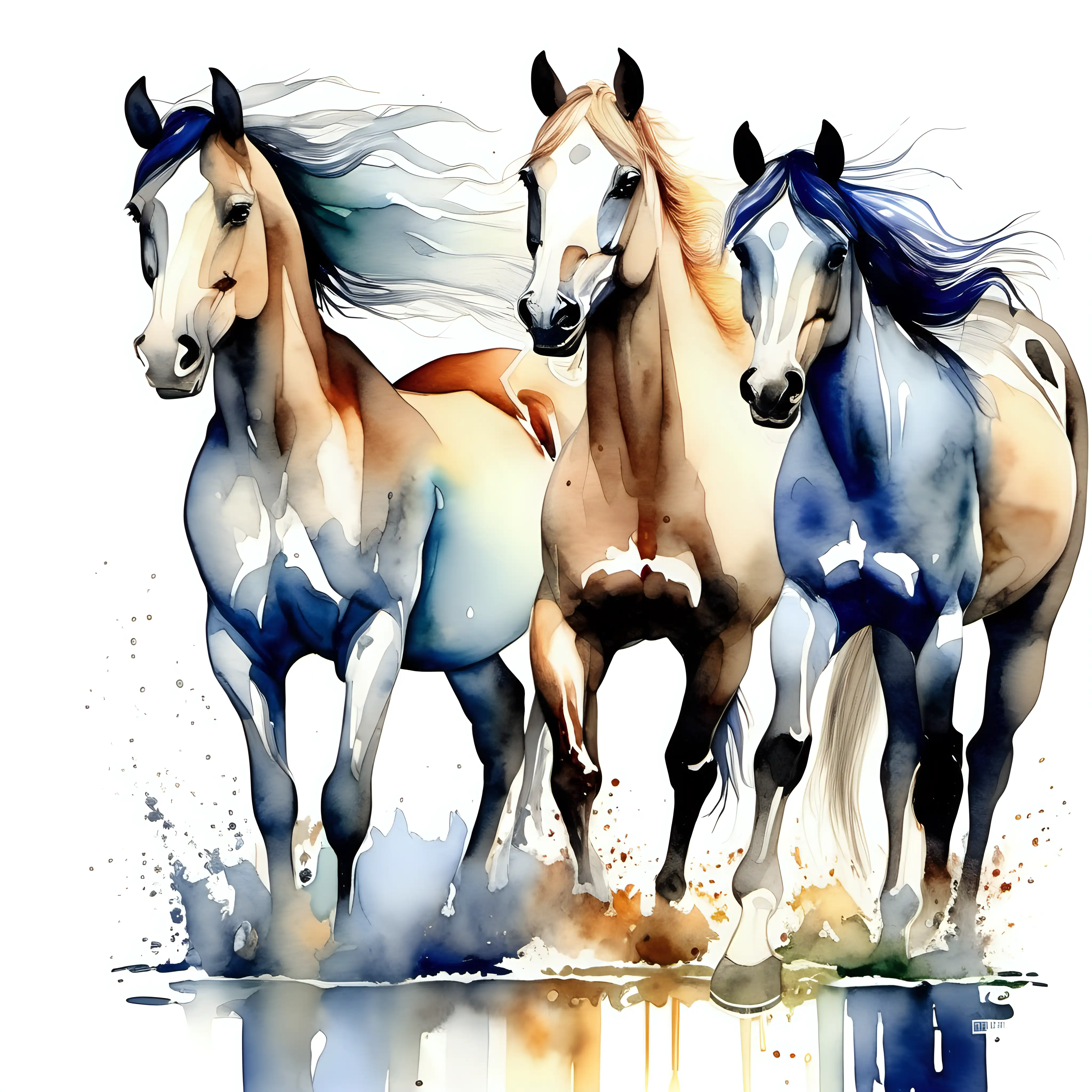 beautiful watercolored horses 
full body 3 hourses