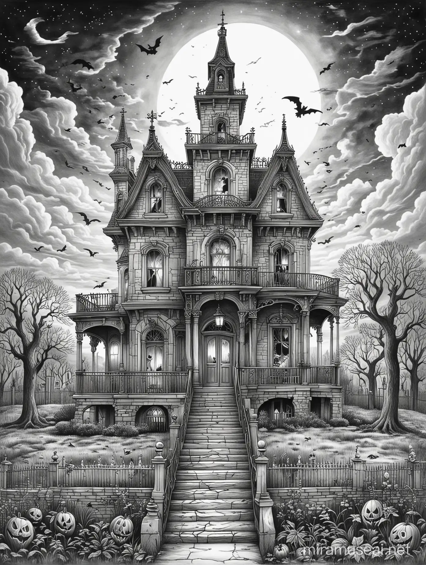 outline for coloring pages, draw a haunted mansion, mystery sky, only the outline in black, white background,no color,