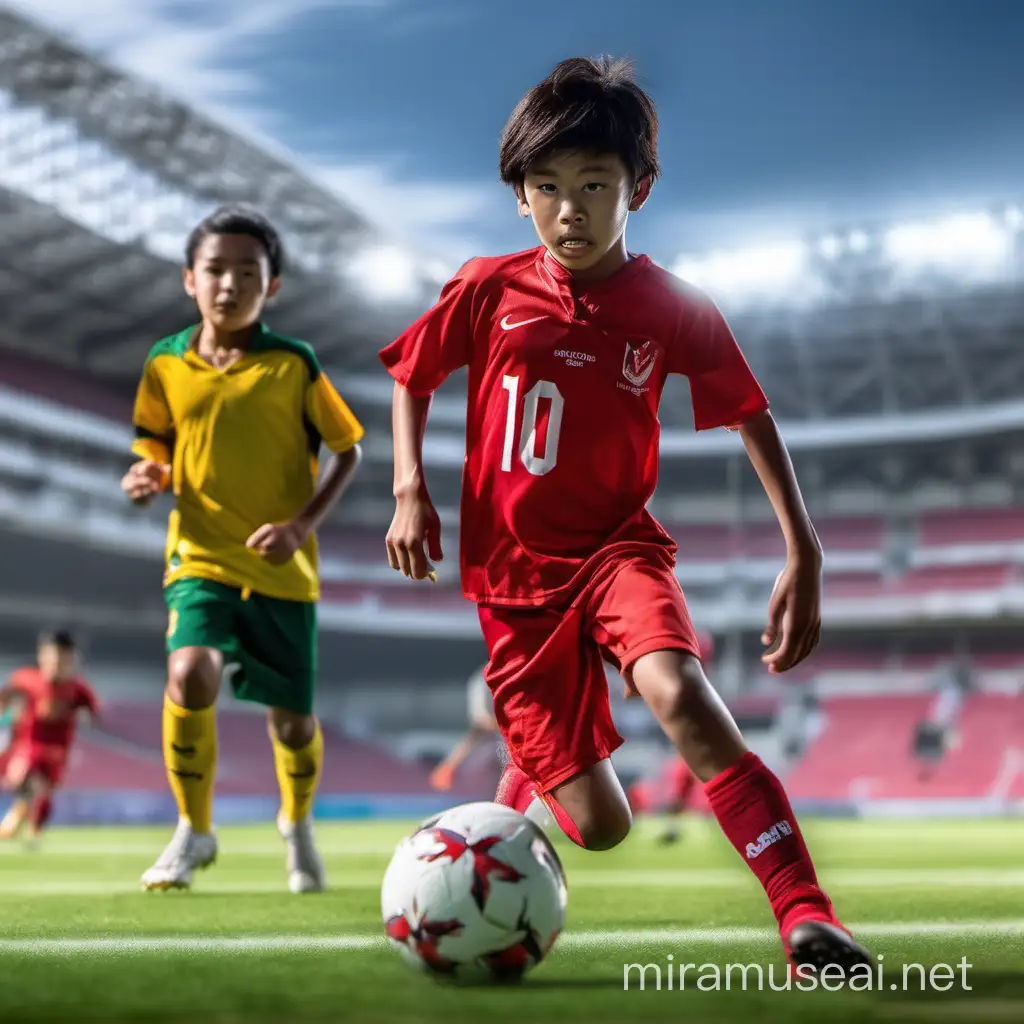 seorang anak  indonesia usia 14 tahun memakai seragam sepak bola tim nasional indonesia jersey warna merah, celana merah, piala asia 2024, dengan nomor punggung 10 , sedang melakukan aksi menggiring bola,melewati pemain lawan tim sepak bola australia 20 tahun, background lapangan sepak bola gelora bung karno, photography , gambar sangat jernih.