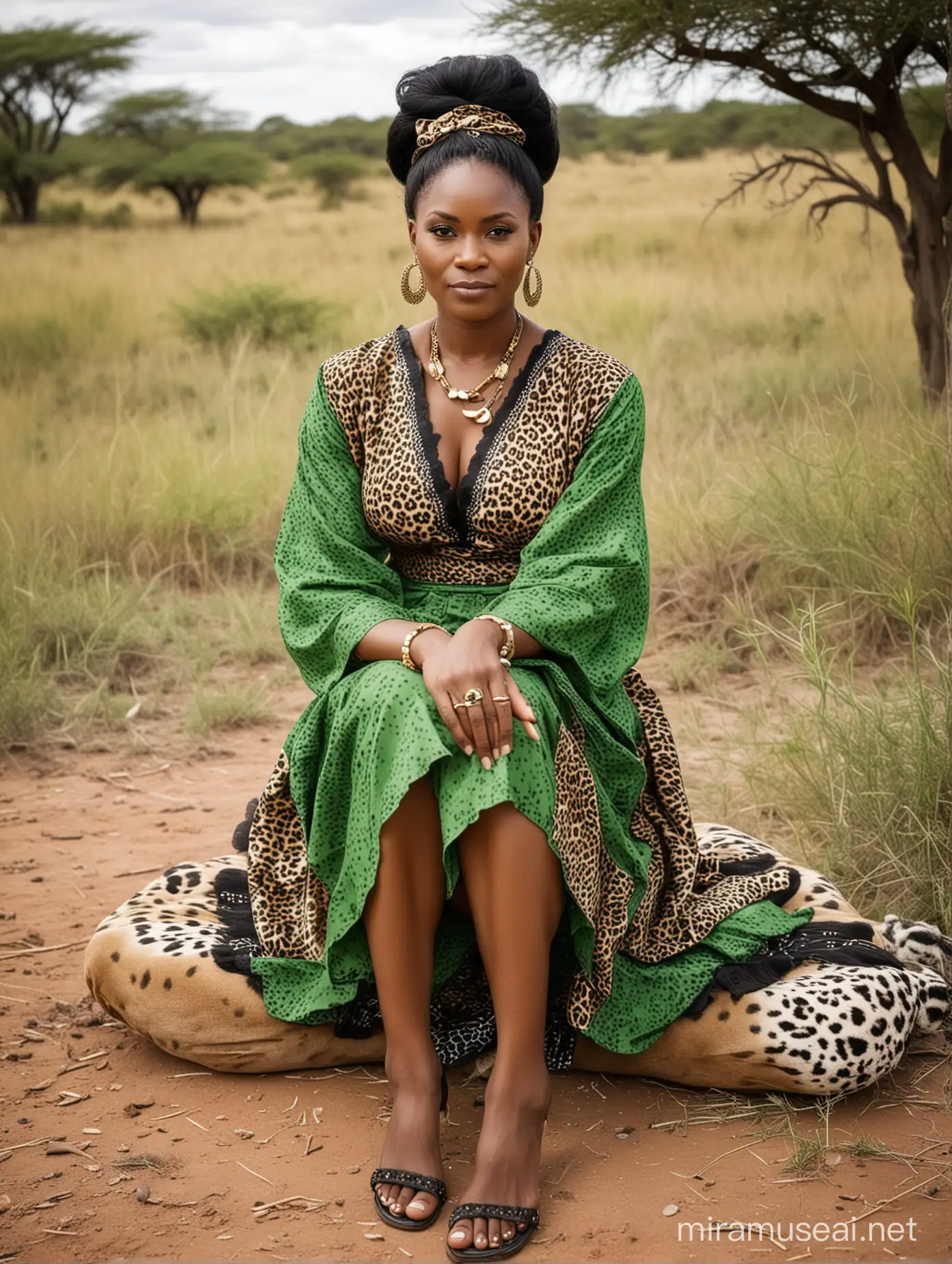 Elegant 49YearOld Nigerian Woman in Traditional Yoruba Dress with Leopard Companion
