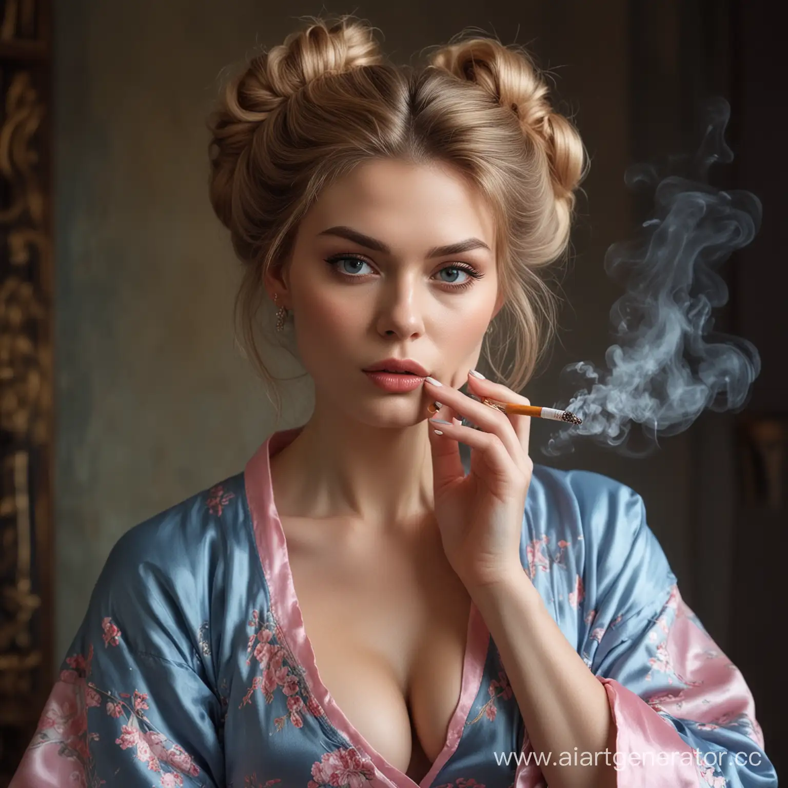 Elegant-Neighbor-in-Silk-Robe-Smoking-Cigarette-by-Entrance