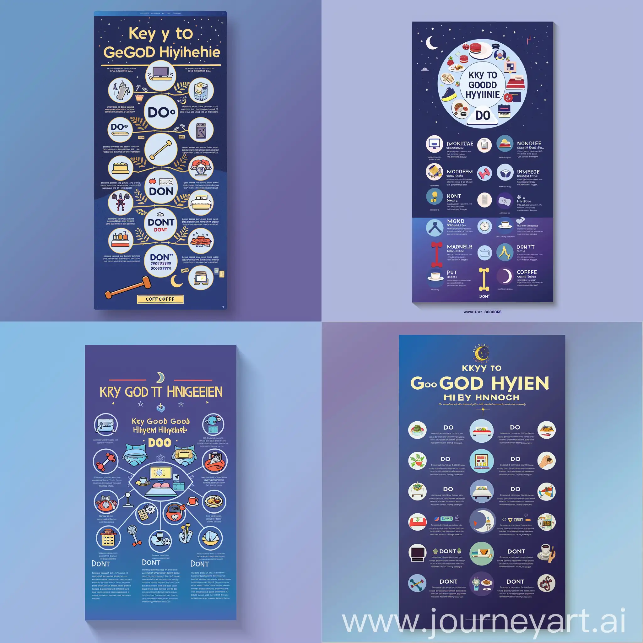 A vertical infographic poster with a centered title, 'Keys to Good Sleep Hygiene' in bold, playful font. Surrounding the title is a circular arrangement of illustrated recommendations, half marked 'DO' with corresponding images like a dumbbell, a computer with a moon icon, and a quiet dark bedroom. The other half marked 'DON'T' shows a bed with an alarm clock, a plate of food, a smartphone, and a cup of coffee. Each suggestion has a short descriptive text in a clear, simple font. The background is a smooth gradient from midnight blue at the bottom to light purple at the top, with dominant colors of blue (#0000FF), purple (#800080), and white (#FFFFFF). The style is flat design, with simple shapes and minimal shading to convey the concepts.
