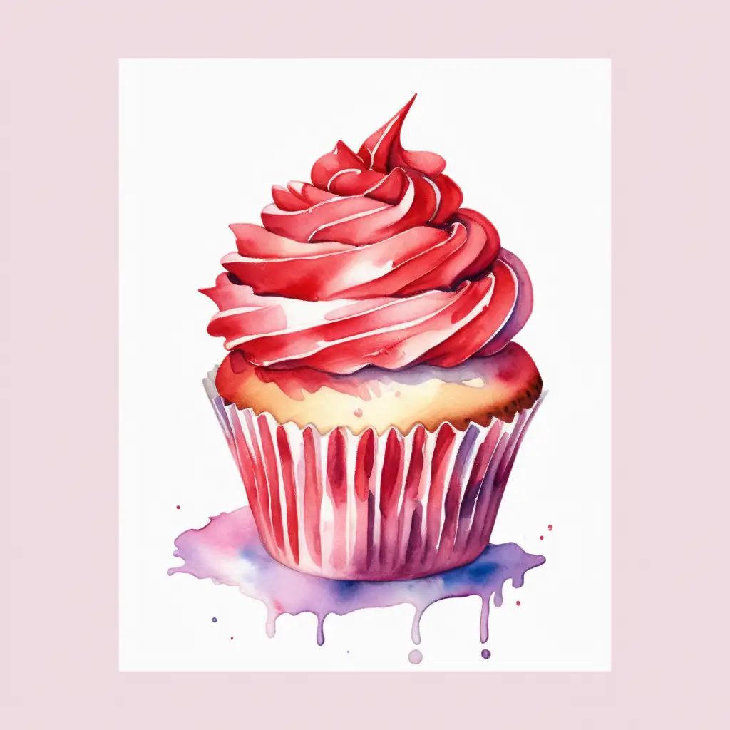 ONLY Watercolor styled, single cupcake, red colored, with no background