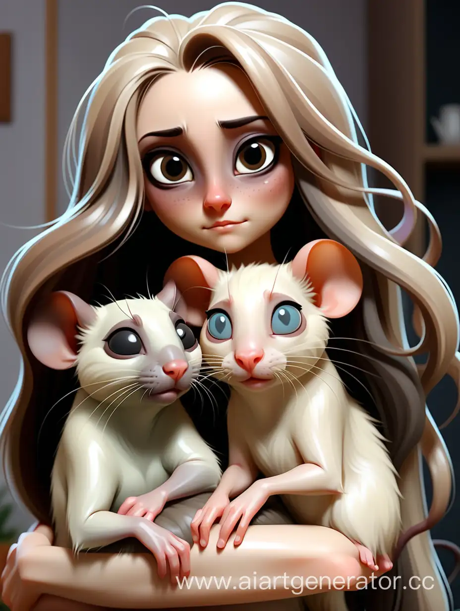 две крысы  одна сиамского окраса вторая коричневая с белым животом обнимают одну девушку с длинными волосами они ее очень любят, у крыс черные глаза и волнистая шерсть