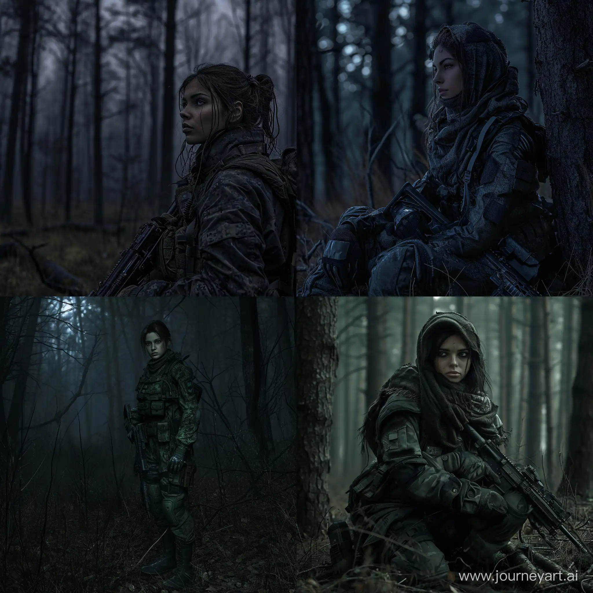 beautiful  Sheva Alomar in S.T.A.L.K.E.R as mercenary in dark tactical equipment dead trees dark forest