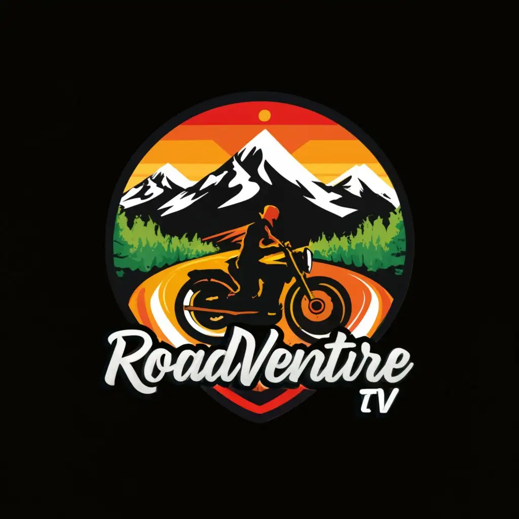 LOGO-Design-for-RoadVenture-TV-Bold-AdventureThemed-with-Motorcycling-Silhouette-and-Mountain-Peaks