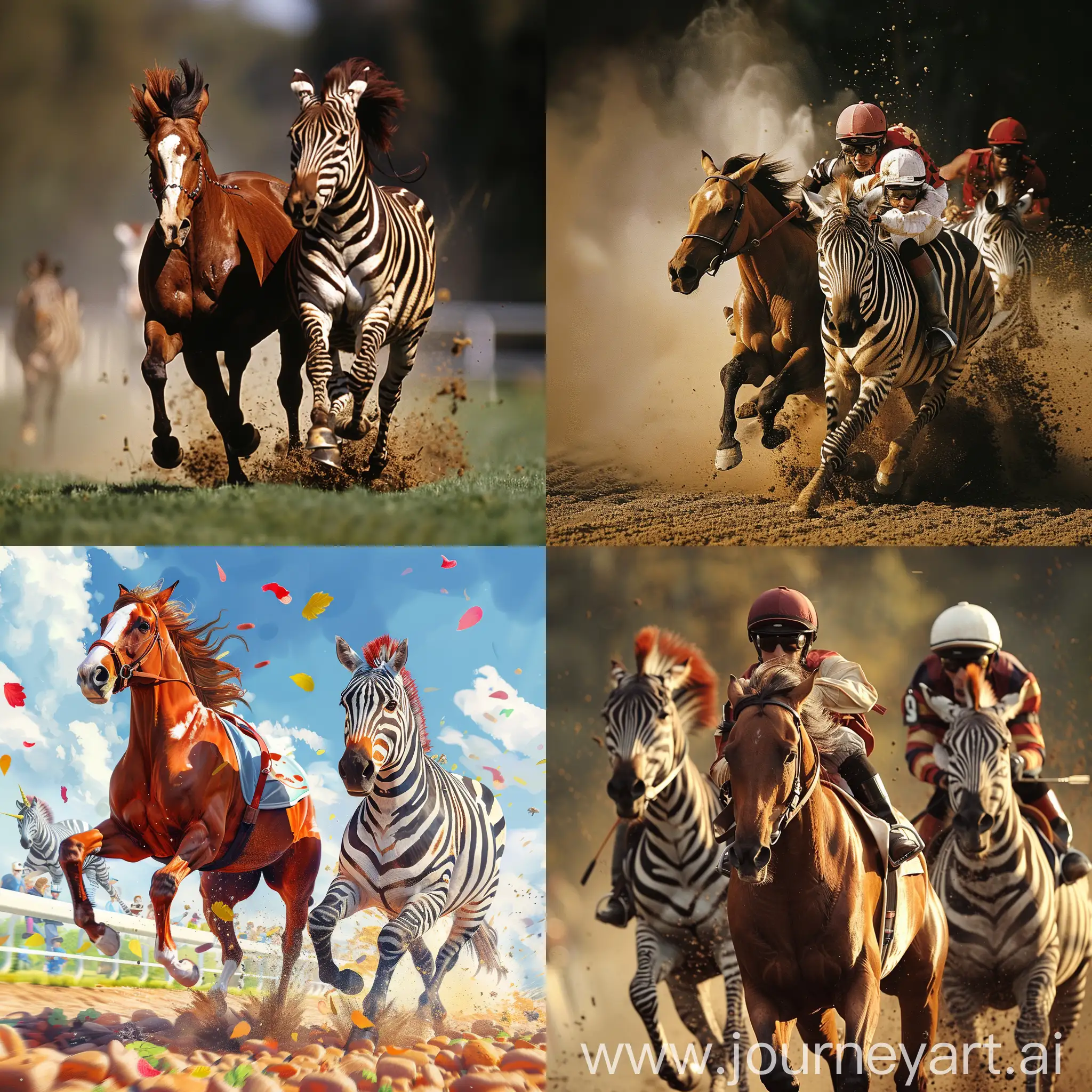 Uma corrida com cavalo e zebra