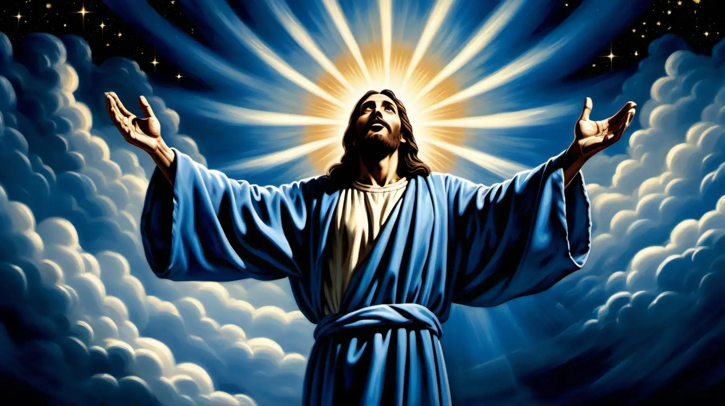 "Create an evocative scene capturing the essence of divine serenity: Illustrate Jesus standing amidst a dark blue sky, dressed in flowing blue robes, with arms outstretched in a gesture of blessing. In his hands, envision a long, symbolic bread, radiating a celestial light, emphasizing a transcendent connection between the divine and the heavens."