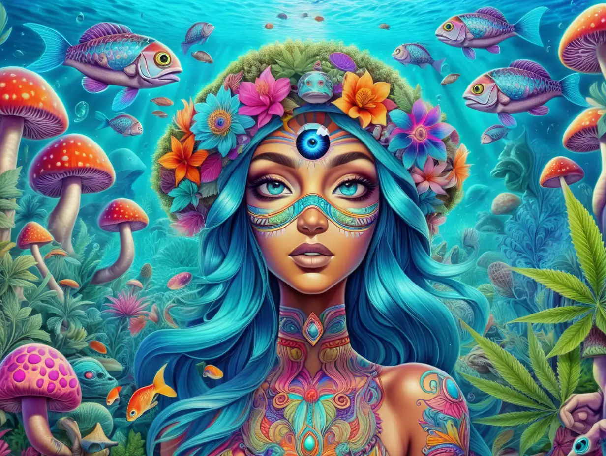 Psychedelic colors and patterns, a field of cannabis, flowers & magic mushrooms, under the sea with beautiful fish, vibrant colors with an exotic woman with the all seeing third eye up front 
