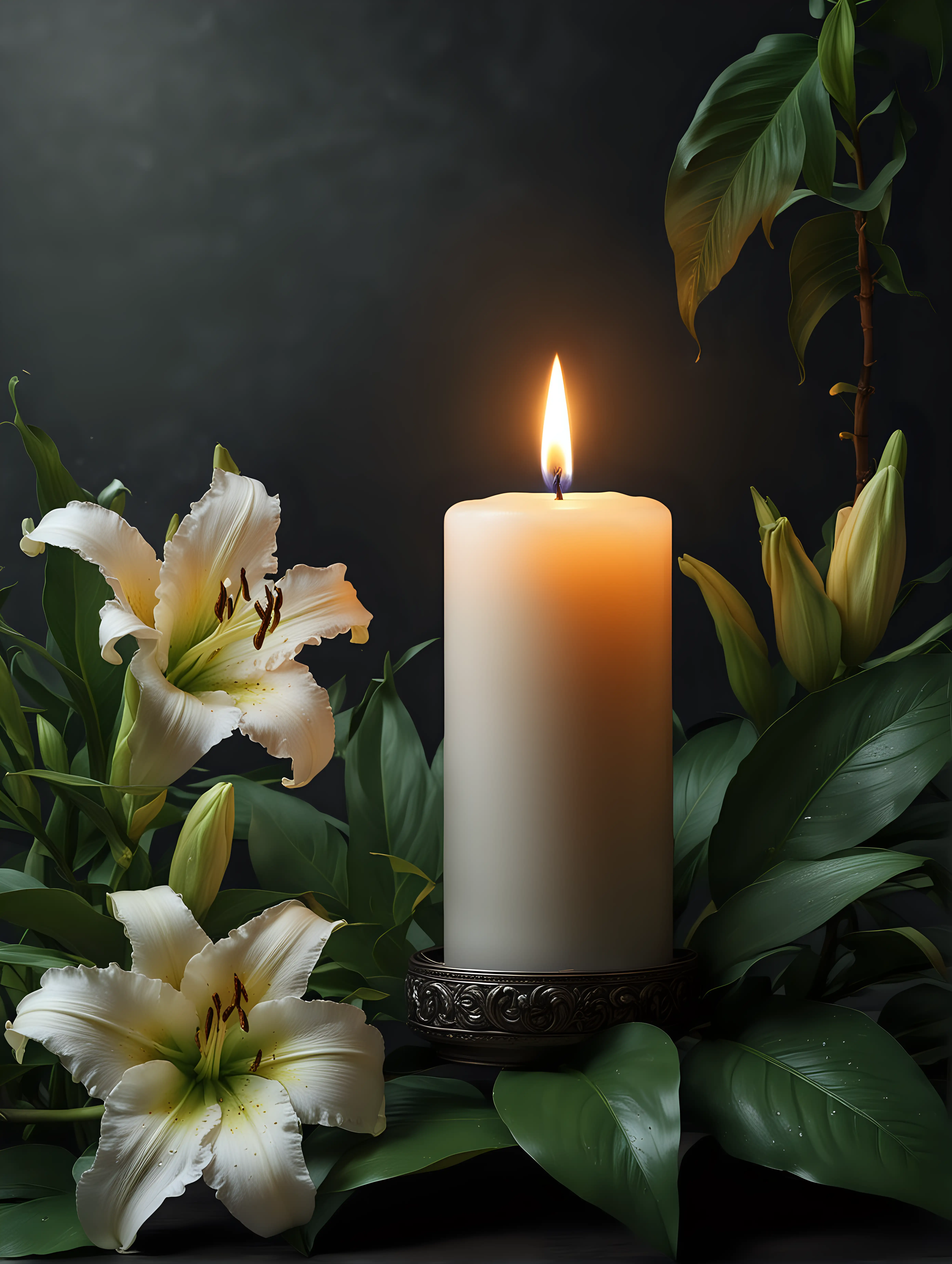 hyperrealistic picture with a burning candle, next to a lily branch and green leaves, blurred flowers in the dark large background