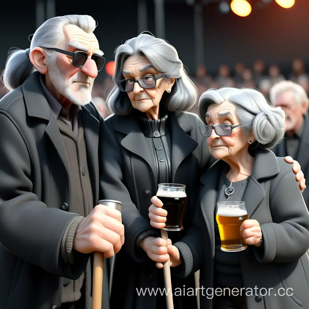 пожилая влюблённая пара за 60, бабушка с черно-седыми волосами, в черном пальто с тростью, держит за руку дедушку с черно-седыми длинными по пояс волосами, в черном пальто, с тростью очень длинные седые волосы на концерте метал рок группы пьют пиво 