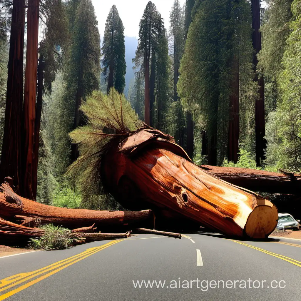 a huge secuoia  fell down across the road in the national park. the height of the fallen tree is higher than a car.