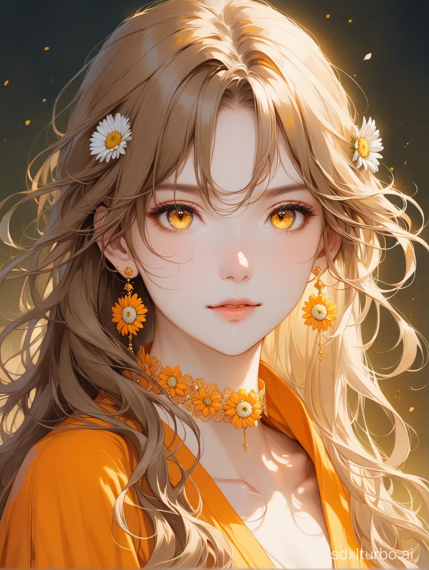 Top quality, masterpiece, a girl, light brown long hair, slightly curly hair ends, yellow earrings, neckband, (orange clothing), (exquisite hair depiction), (exquisite depiction of yellow eyes), (exquisite depiction of facial features), solo, (daisies), portrait description, sense of fragmentation