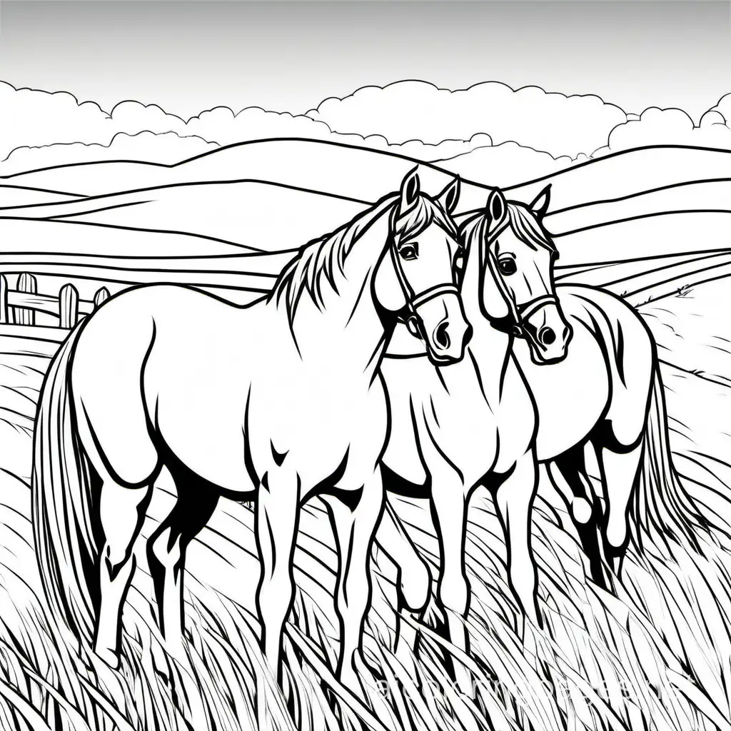 Horses-in-Field-Coloring-Page-Simple-Line-Art-for-Kids
