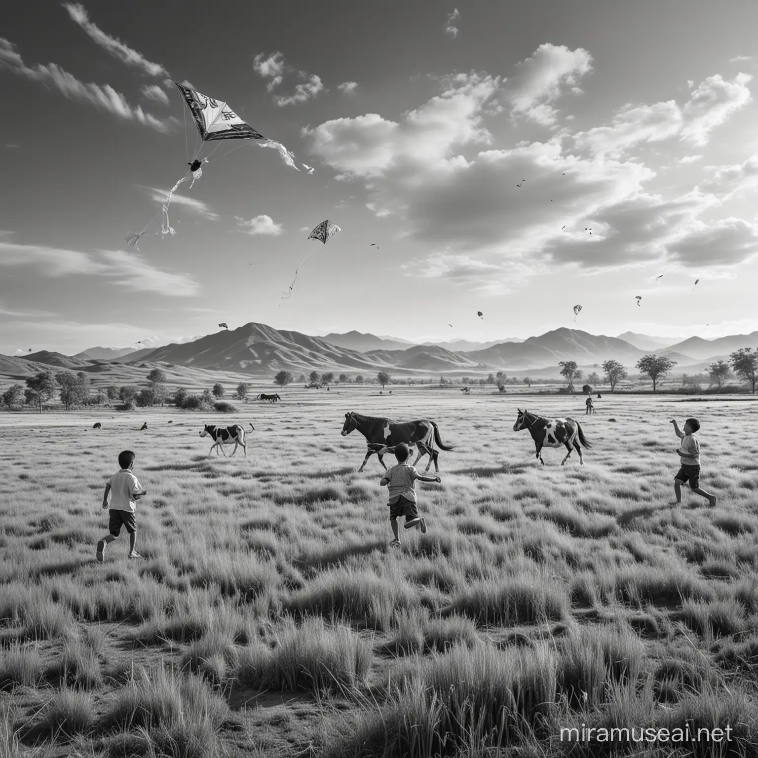 A group of asian children run playing kites,  background of open land with beautiful grass on the Highland.  Background with a group of horses and cows.  In black and white realistic