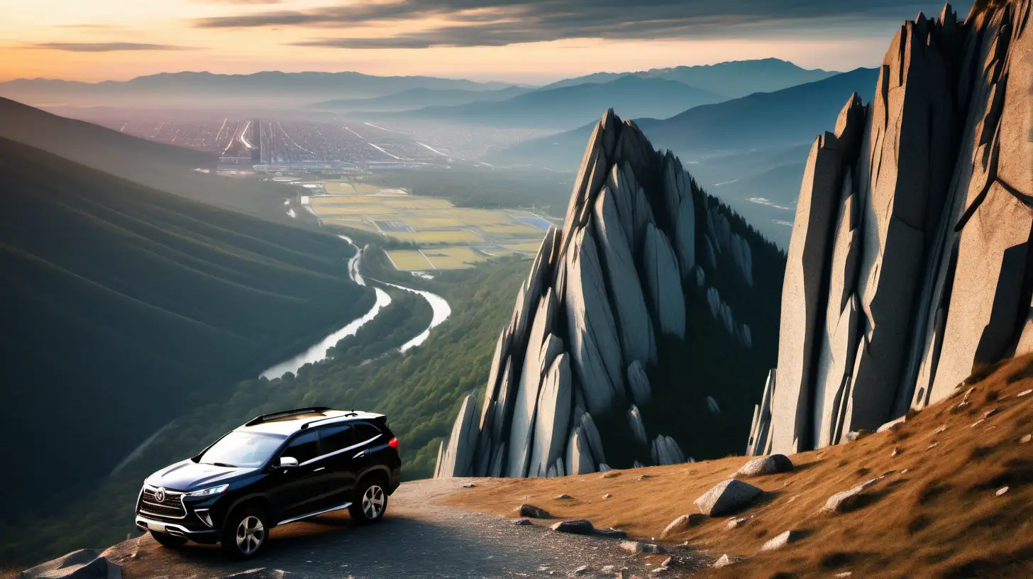 picture of a freeclimber climbing on a mountain. in the foreground parks a modern suv car. dramatic scenery, morning hour