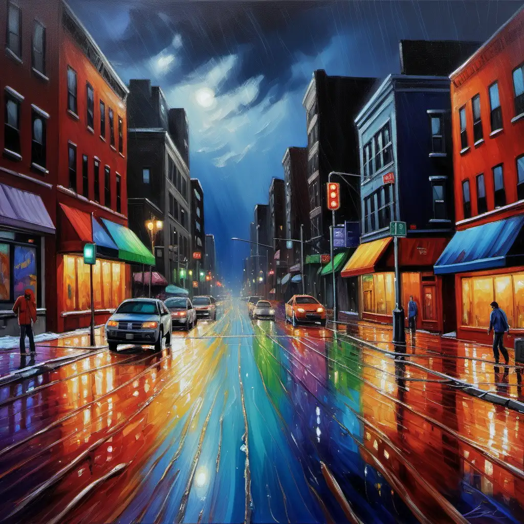 a colorful oil painting of a montreal city street after some rain and the street is wet and ut is night time
