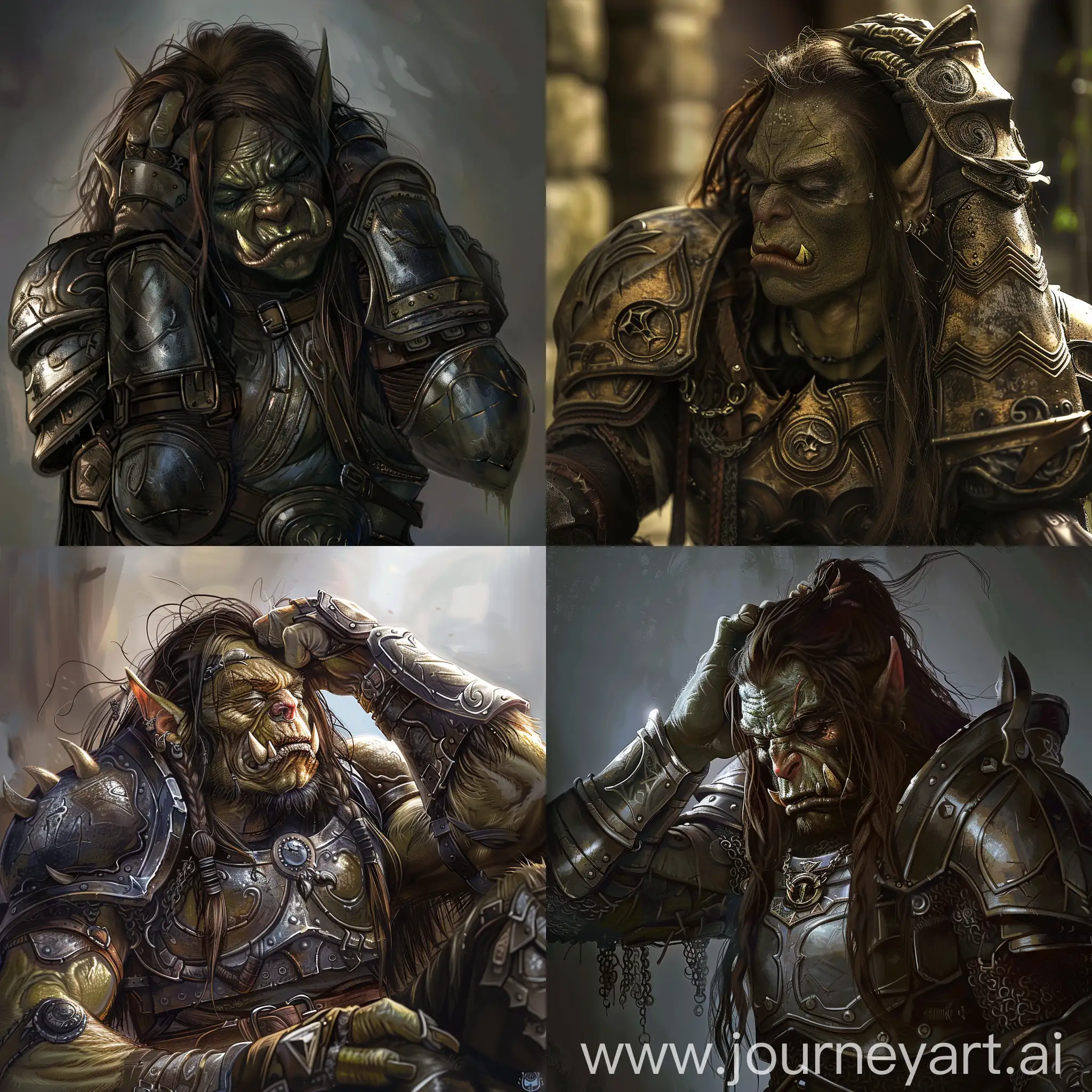 Orc, knight, waking up from sleep, putting heavy plate armor on, detailed, HD, young, beautiful face, long hair