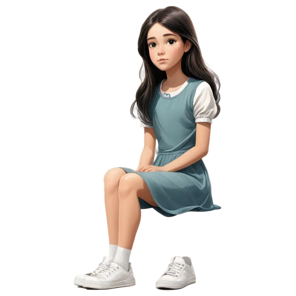 Cartoon character realistic style of a 12 years old girl. She has white skin, long black hair, big light brown eyes. She is sitting in the grown. She is wearing a dress and white sneakers. She looks very sad, crying, because she hurt her leg. The artwork is rendered in a classic line art style, perfect for children's animation or a cartoon, and exudes a whimsical, playful vibe that will enchant young readers. The illustration is a beautiful portrayal of youthful innocence and charm., illustration.