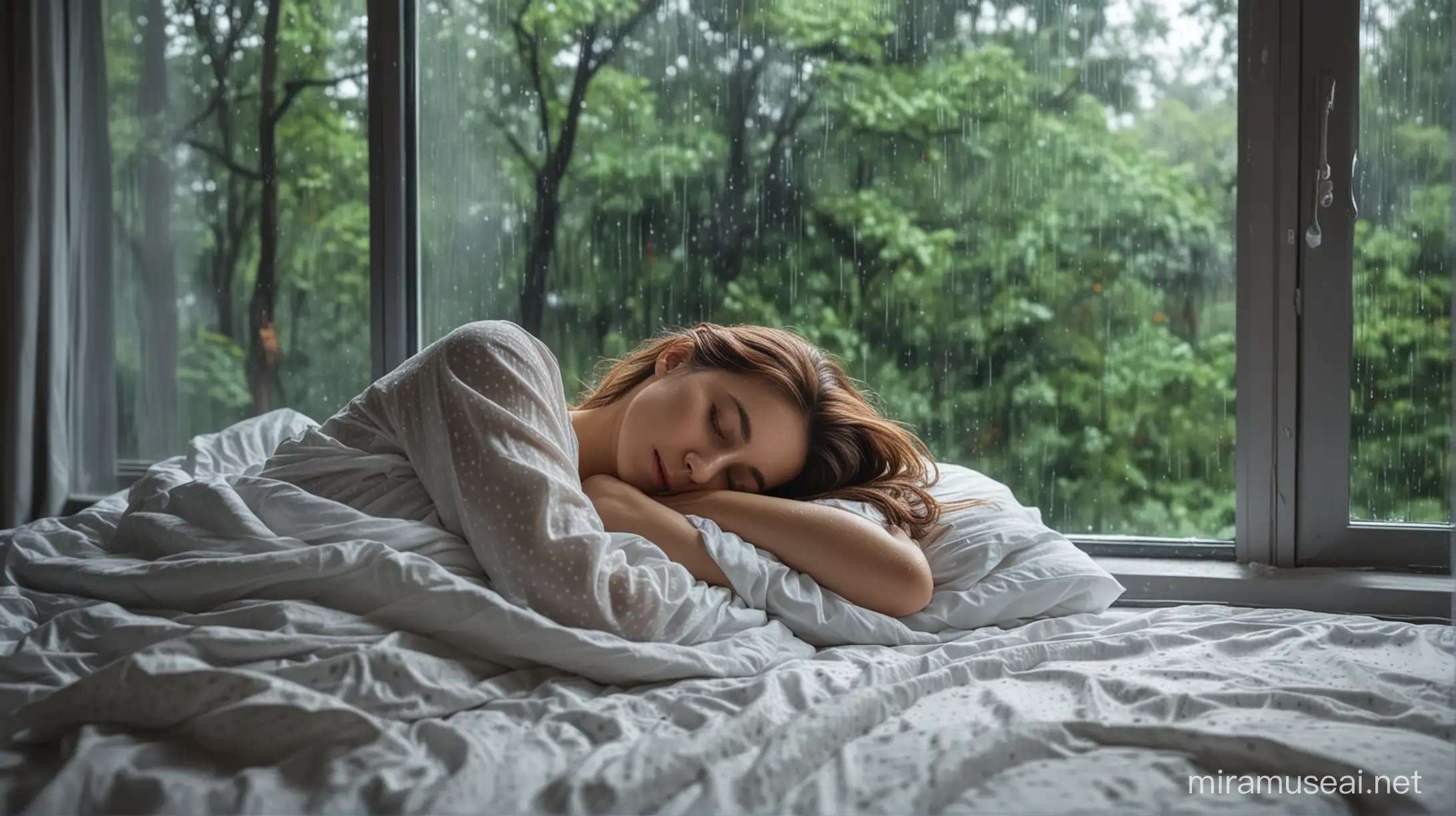 beautiful woman sleeping in the bedroom with the bedroom window showing a rainy atmosphere on the edge of the forest