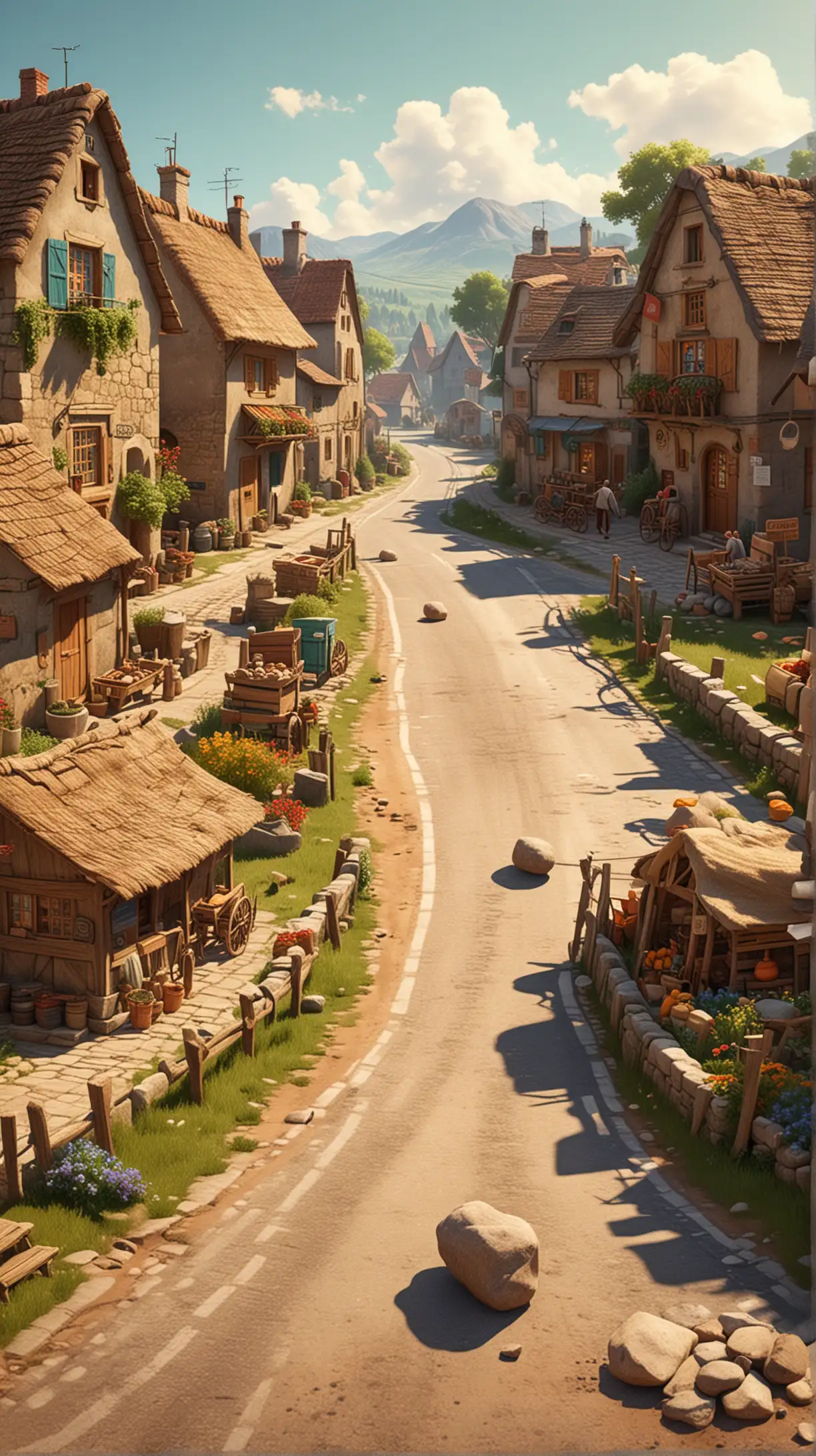 Create a 3D illustrator of an animated scene where a single rock is placed on a busy road in a village where peasants are running their business. Beautiful, colourful and spirited vintage village illustrations.