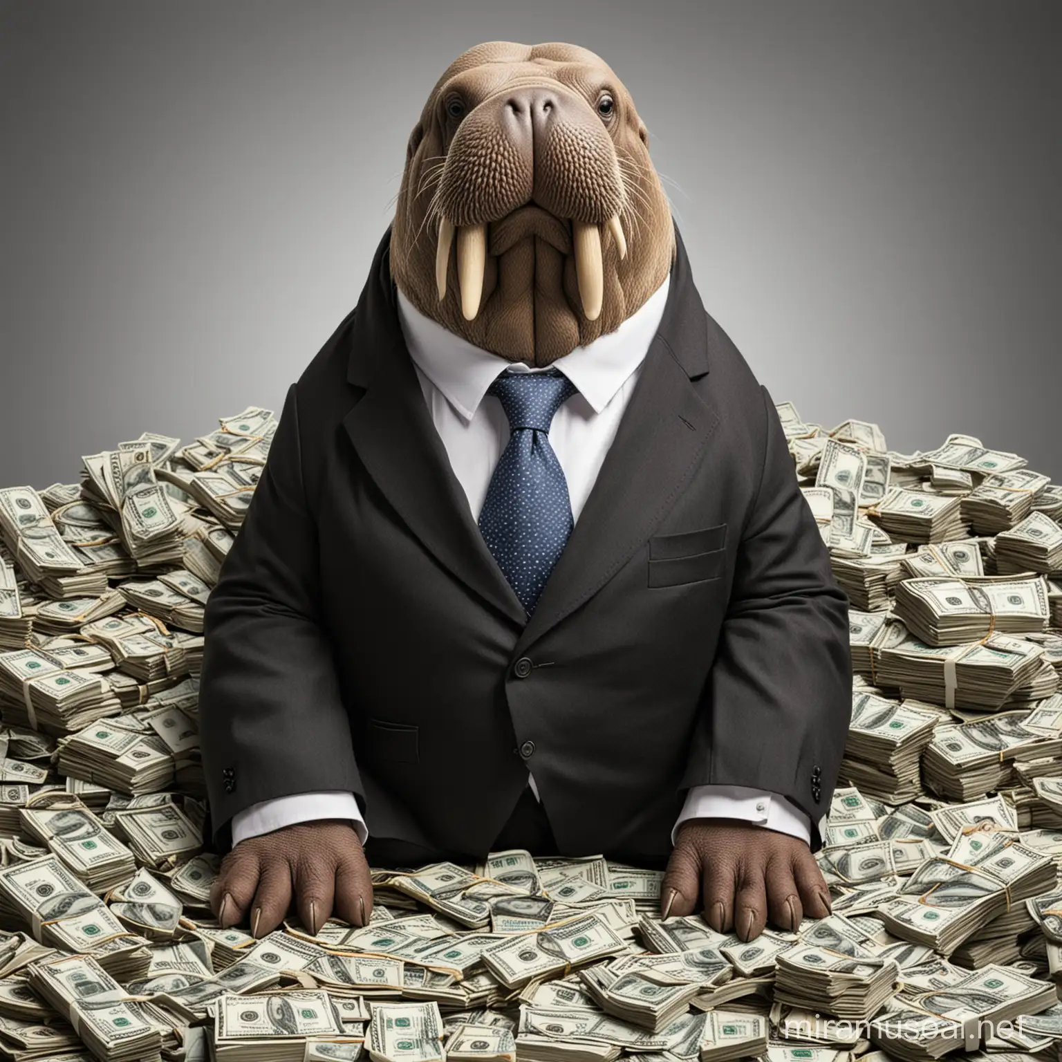 Wealthy Walrus Businessman Sitting on Pile of Dollars