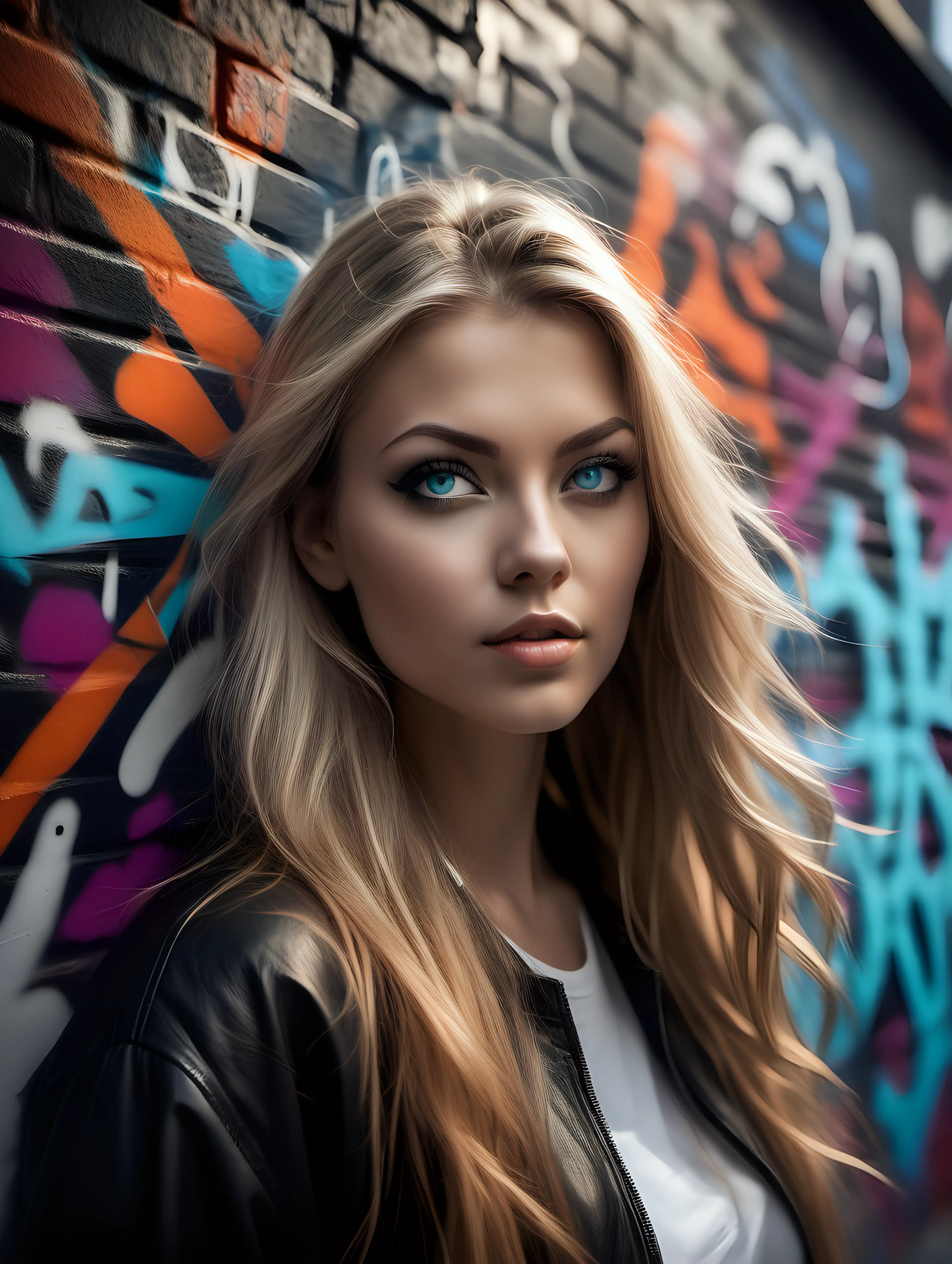 (cinematic lighting), Against the backdrop of a vibrant graffiti wall, a beautiful Nordic woman captivates with her Nordic charm, perfect breast, symmetrical face, Clad in stylish yet practical attire that mirrors the contemporary fashion of the North, her presence adds a touch of elegance to the urban landscape. Long, flowing hair frames her face, and her eyes reflect a mix of confidence and a hint of mystery.  The graffiti wall, a tapestry of vivid colors and expressive art, provides a striking contrast to the woman's Nordic features. The scene becomes a visual symphony, where the beauty of the woman harmonizes with the urban creativity surrounding her, creating a captivating and culturally rich tableau, full body photo, angle from below, intricate details, detailed face, detailed eyes, hyper realistic photography,--v 5, unreal engine,