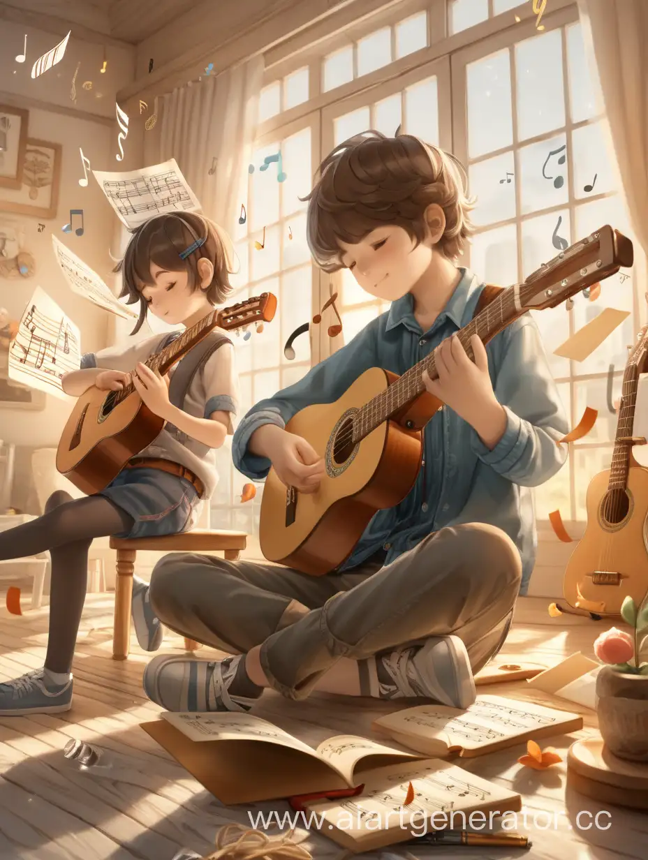 Musical-Children-Playing-Guitar-and-Flute-with-Floating-Notes