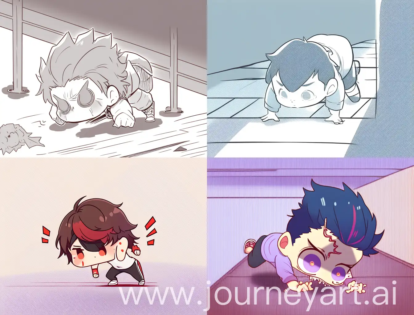 chibi boy doing push up, with horror background, cartoon anime style, strong lines