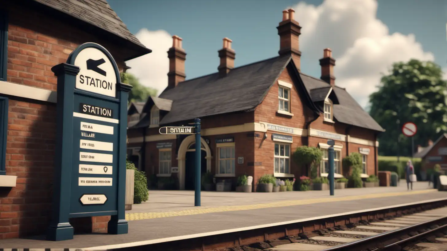 Railway station in a cute English Village. Ultra realistic. Street level Shot. Station sign.